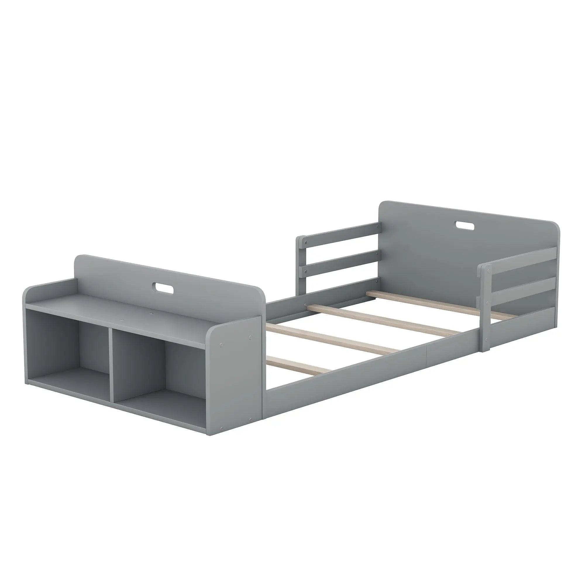 Twin Size Floor Bed with Storage Footboard and Guardrail - VINE GLOBAL