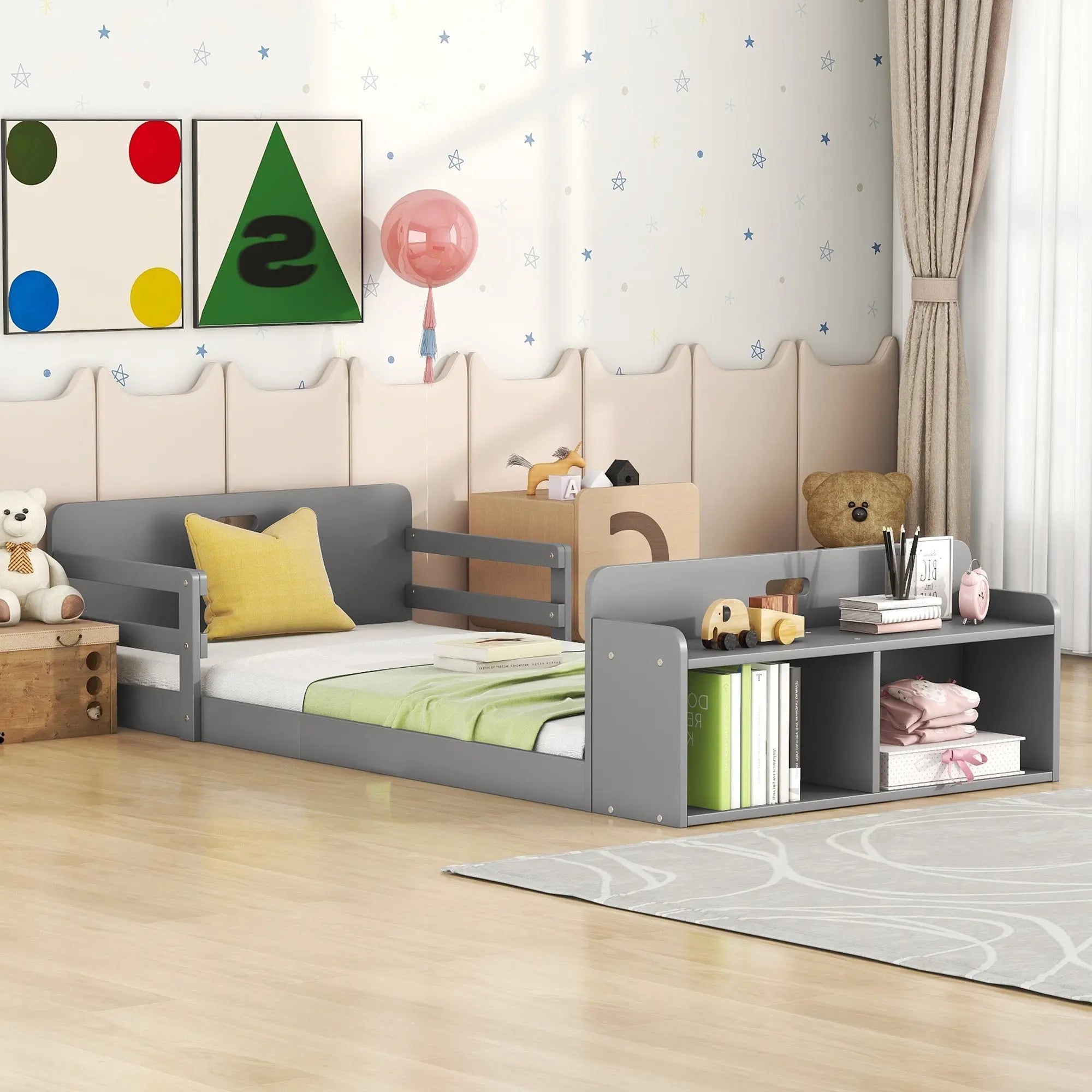 Twin Size Floor Bed with Storage Footboard and Guardrail - VINE GLOBAL