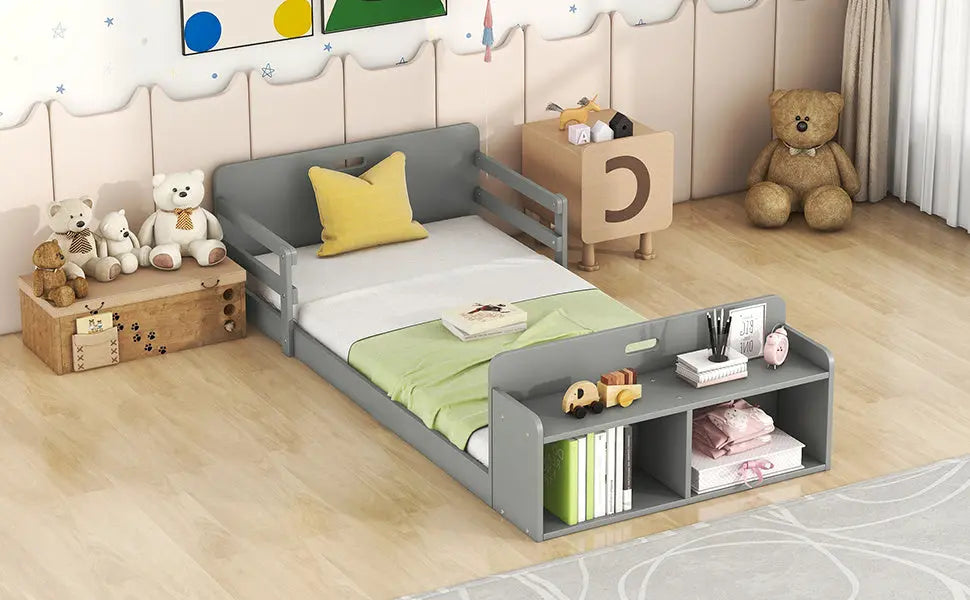 Twin Size Floor Bed with Storage Footboard and Guardrail - VINE GLOBAL