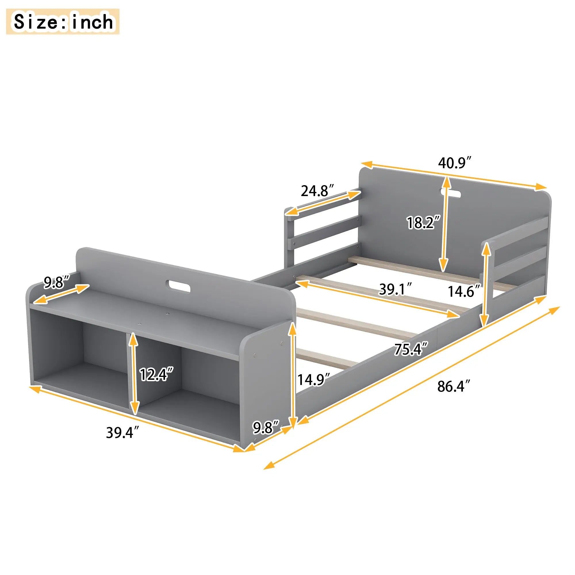 Twin Size Floor Bed with Storage Footboard and Guardrail - VINE GLOBAL