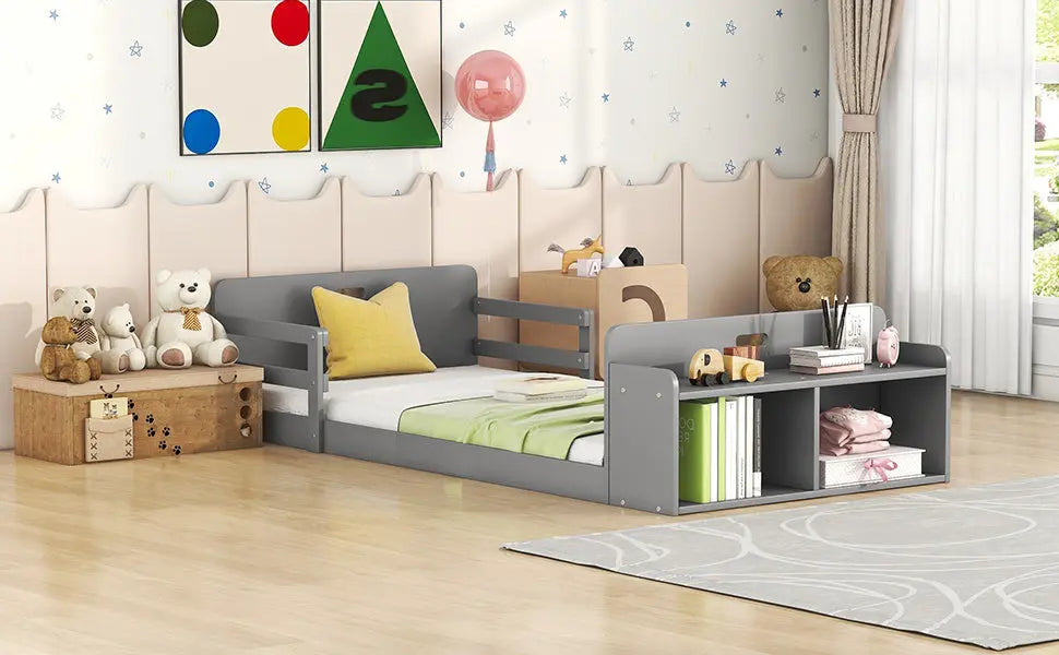 Twin Size Floor Bed with Storage Footboard and Guardrail - VINE GLOBAL