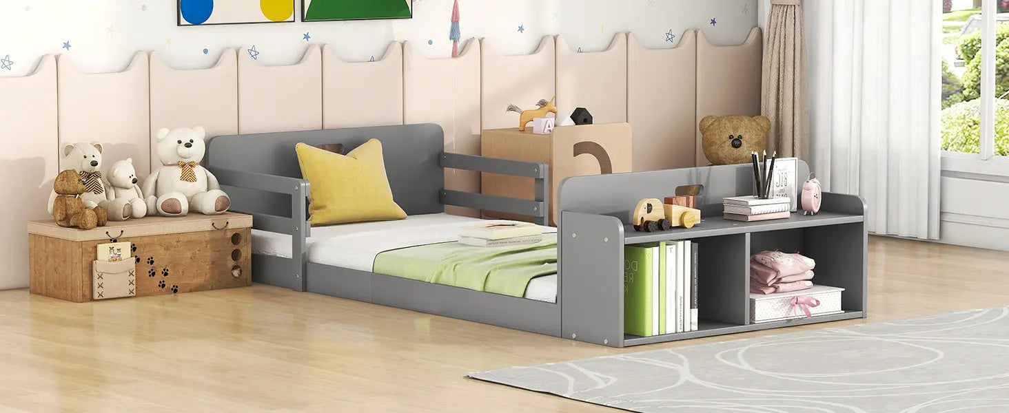Twin Size Floor Bed with Storage Footboard and Guardrail - VINE GLOBAL