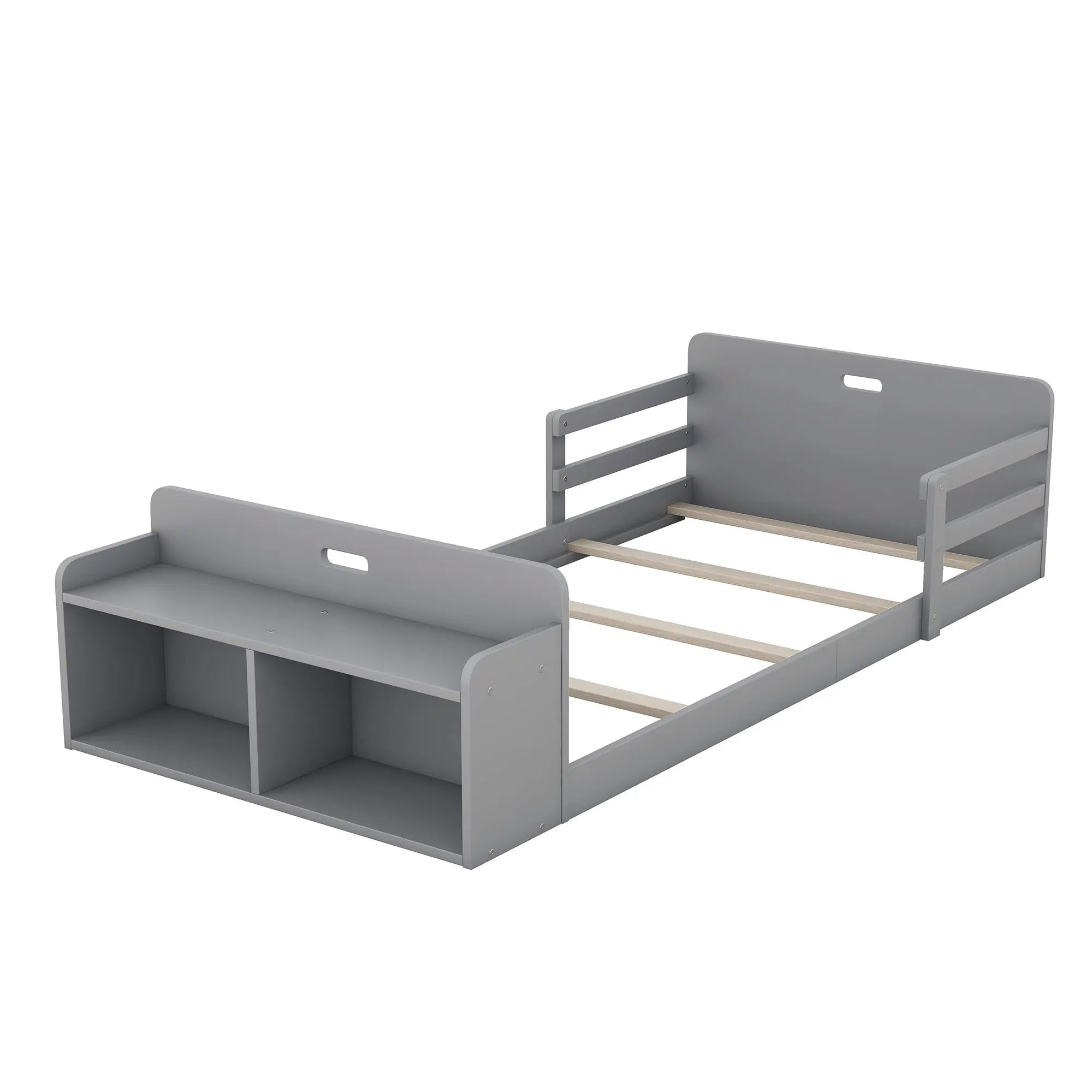 Twin Size Floor Bed with Storage Footboard and Guardrail - VINE GLOBAL