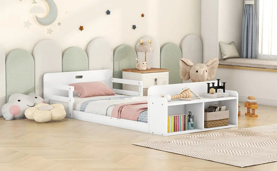 Twin Size Floor Bed with Storage Footboard and Guardrail - VINE GLOBAL
