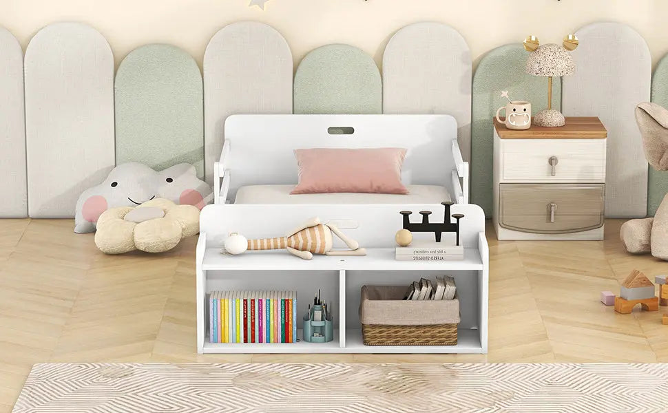 Twin Size Floor Bed with Storage Footboard and Guardrail - VINE GLOBAL