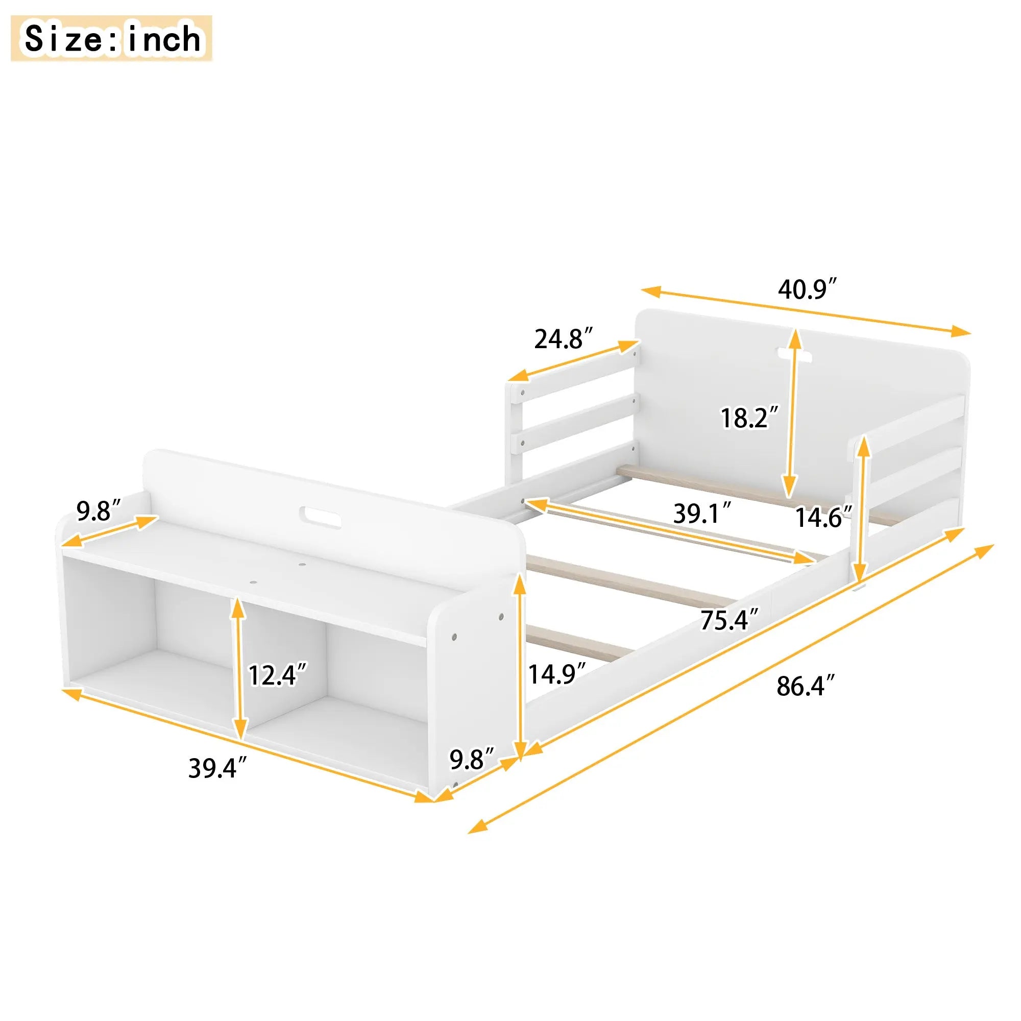 Twin Size Floor Bed with Storage Footboard and Guardrail - VINE GLOBAL