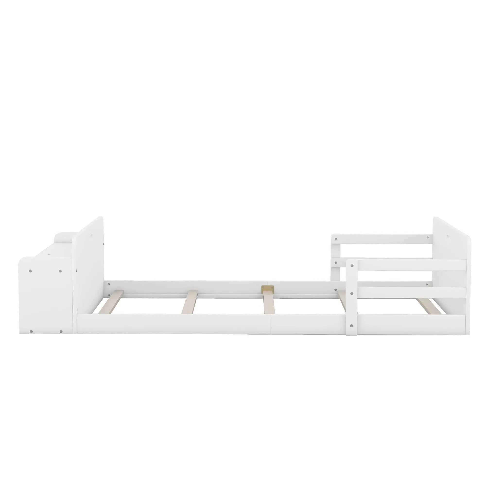 Twin Size Floor Bed with Storage Footboard and Guardrail - VINE GLOBAL
