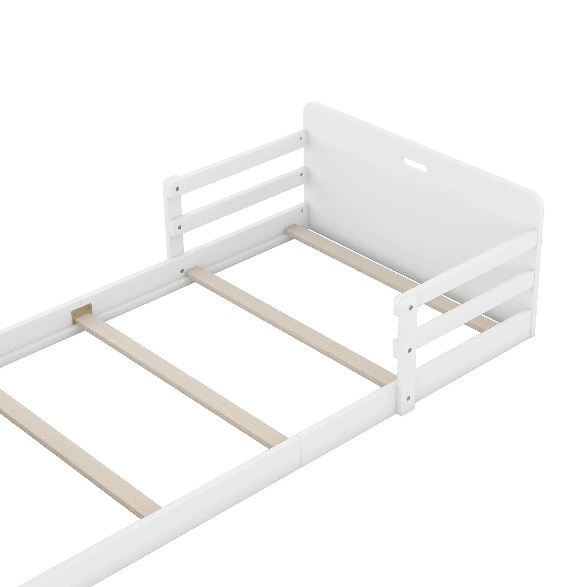 Twin Size Floor Bed with Storage Footboard and Guardrail - VINE GLOBAL
