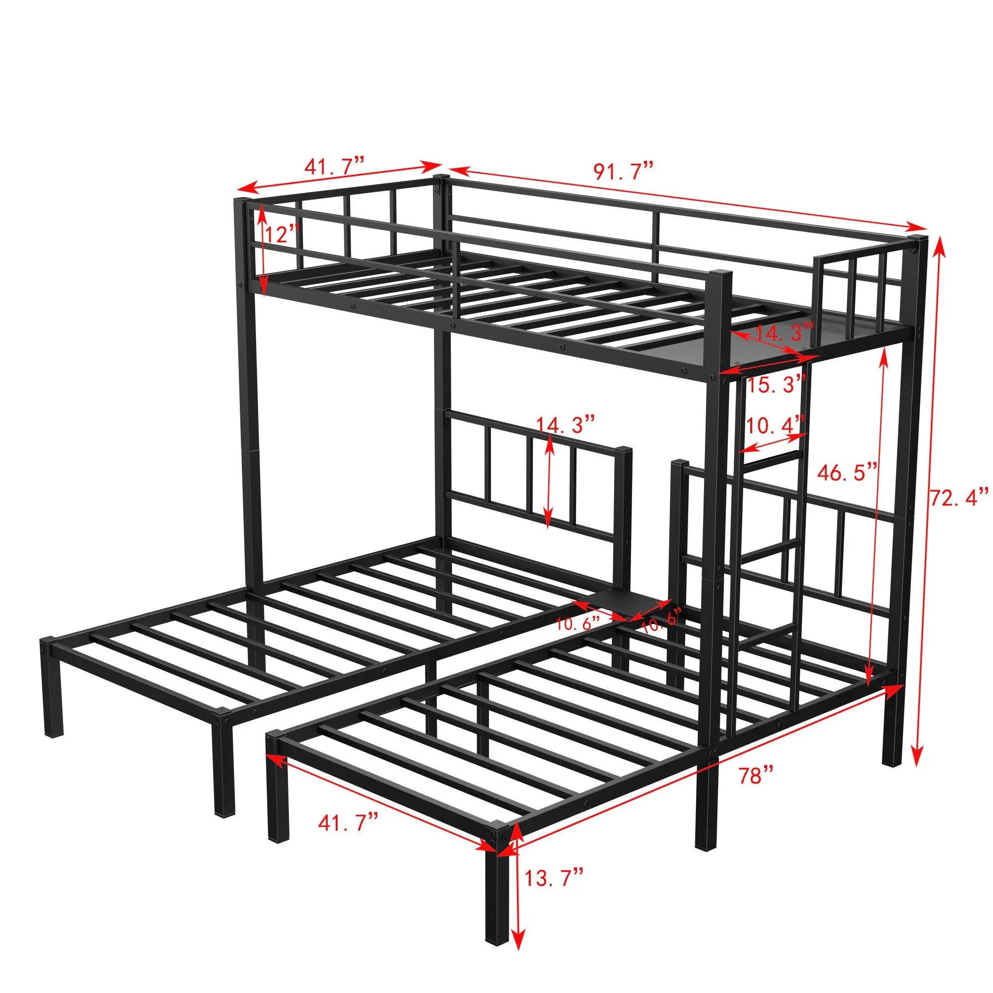 Twin over Twin & Twin Bunk Beds for 3, Twin XL over Twin & Twin Bunk Bed Metal Triple Bunk Bed - VINE GLOBAL