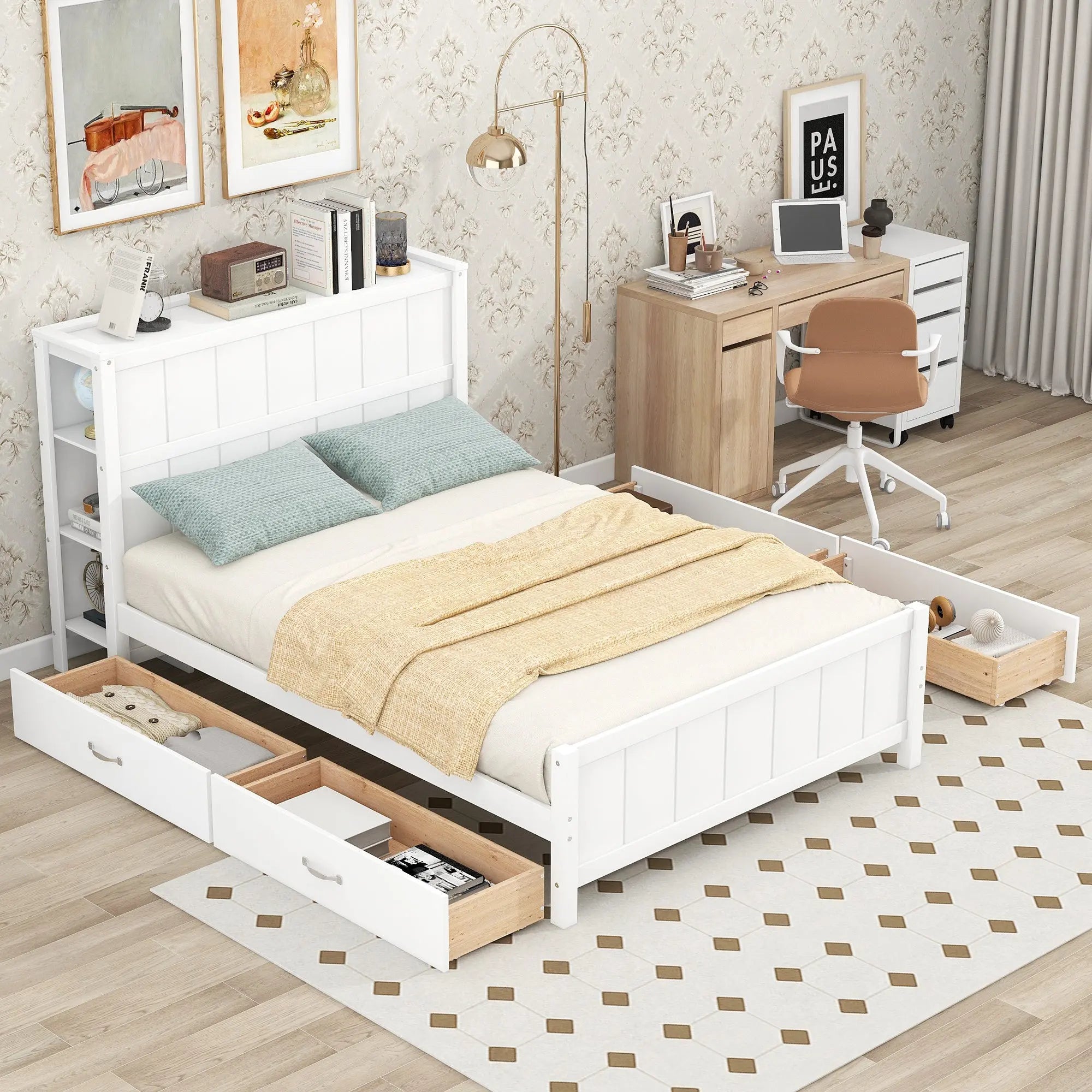 Full Size Platform Bed with Drawers and Storage Shelves - VINE GLOBAL