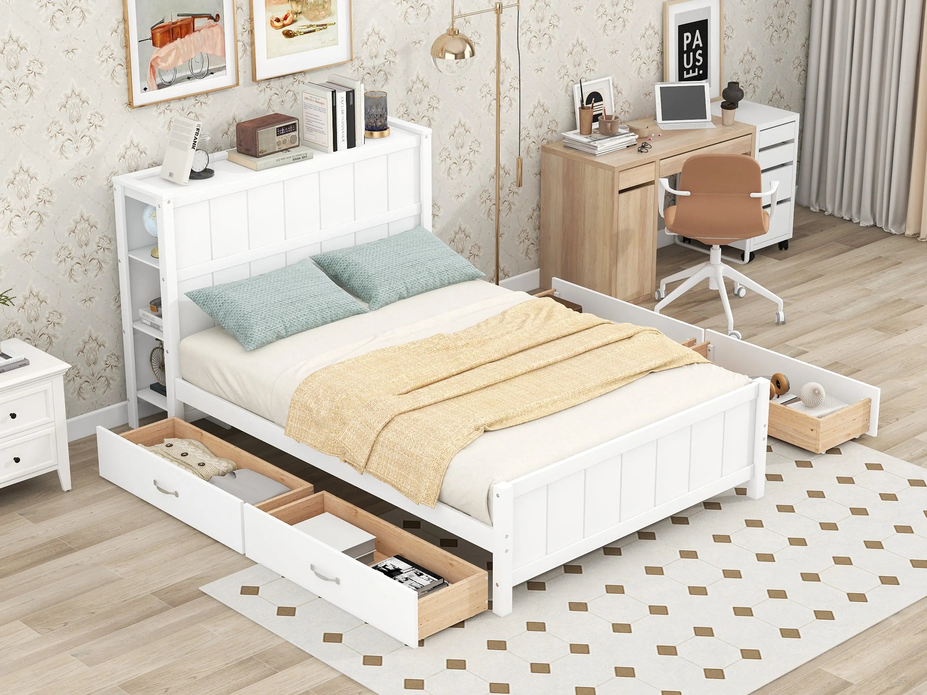 Full Size Platform Bed with Drawers and Storage Shelves - VINE GLOBAL
