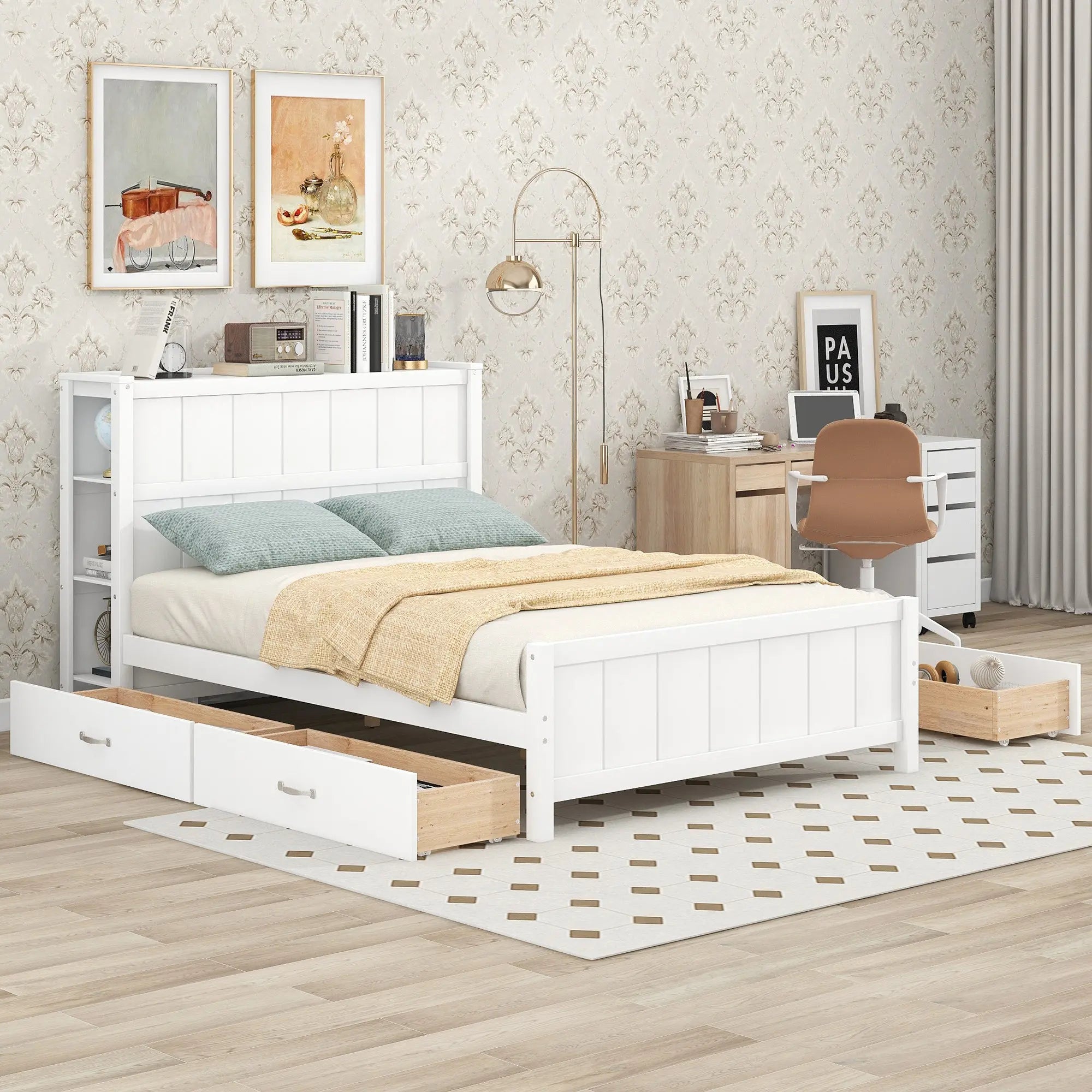 Full Size Platform Bed with Drawers and Storage Shelves - VINE GLOBAL