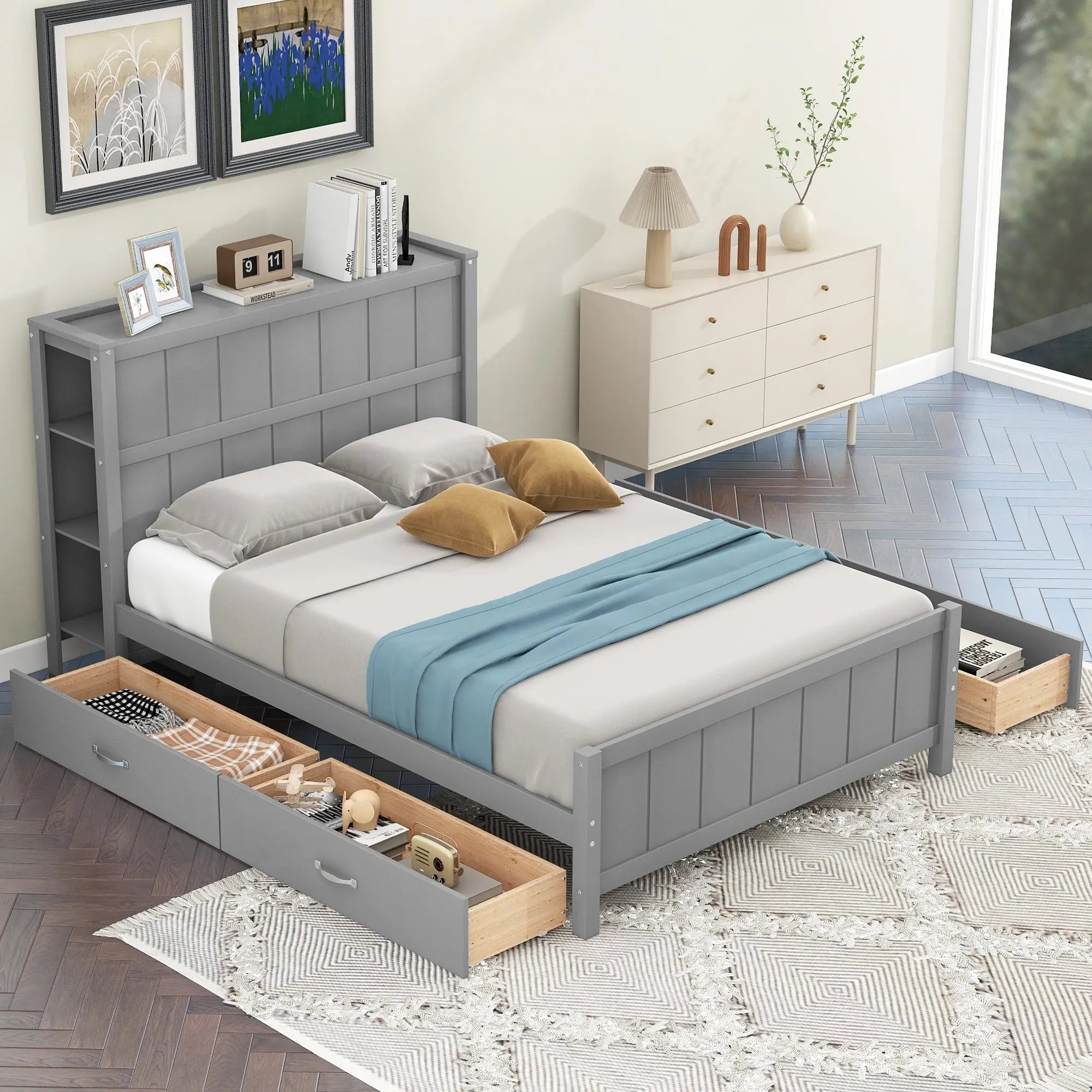 Full Size Platform Bed with Drawers and Storage Shelves - VINE GLOBAL