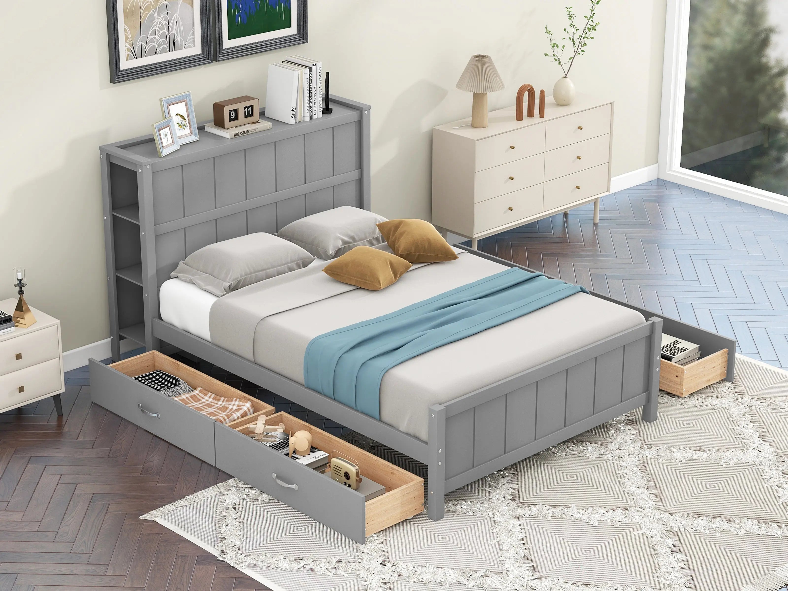 Full Size Platform Bed with Drawers and Storage Shelves - VINE GLOBAL