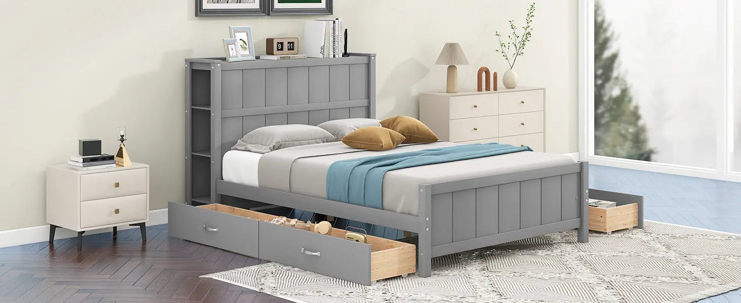 Full Size Platform Bed with Drawers and Storage Shelves - VINE GLOBAL