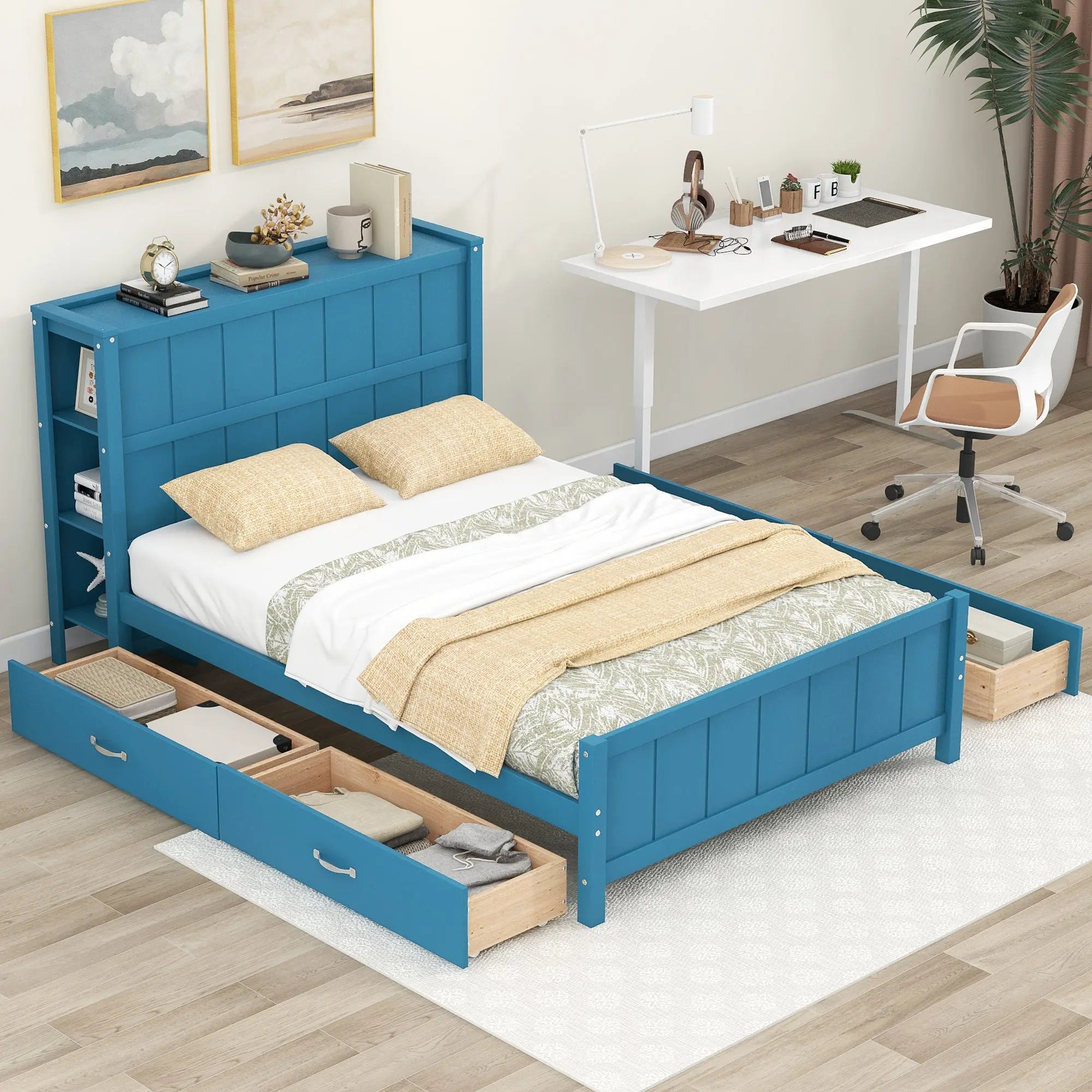 Full Size Platform Bed with Drawers and Storage Shelves - VINE GLOBAL