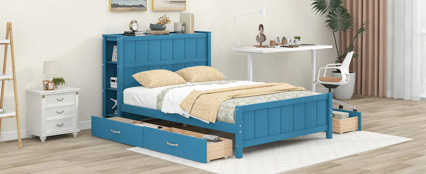 Full Size Platform Bed with Drawers and Storage Shelves - VINE GLOBAL