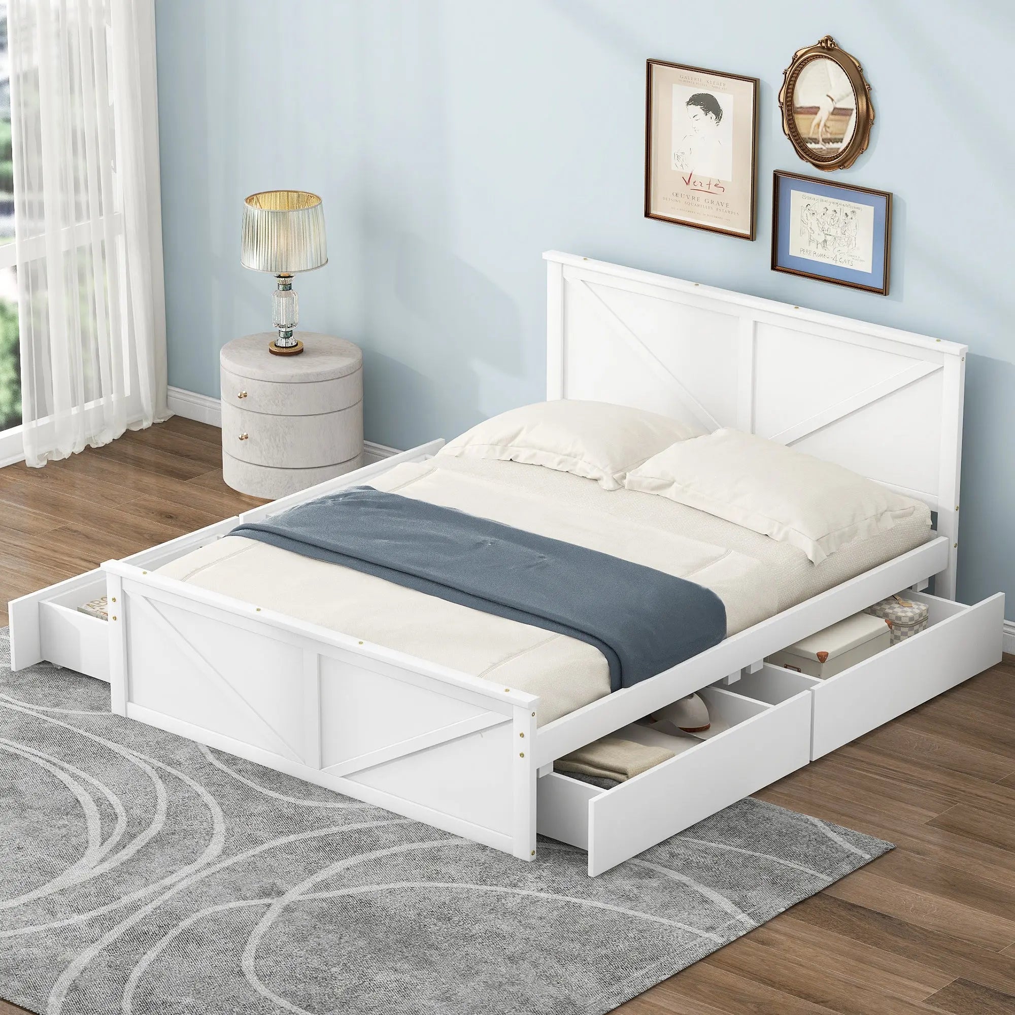 Queen Size Wooden Platform Bed with Four Storage Drawers and Support Legs - VINE GLOBAL