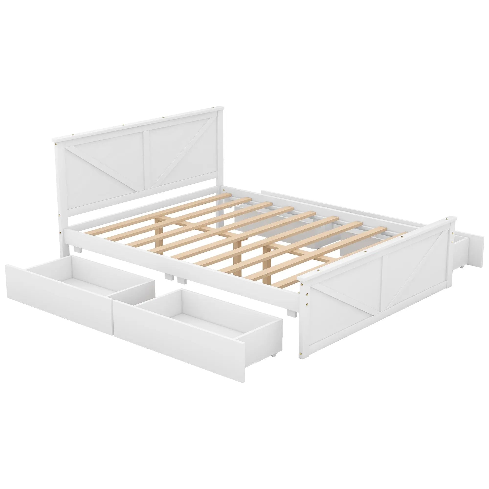 Queen Size Wooden Platform Bed with Four Storage Drawers and Support Legs - VINE GLOBAL