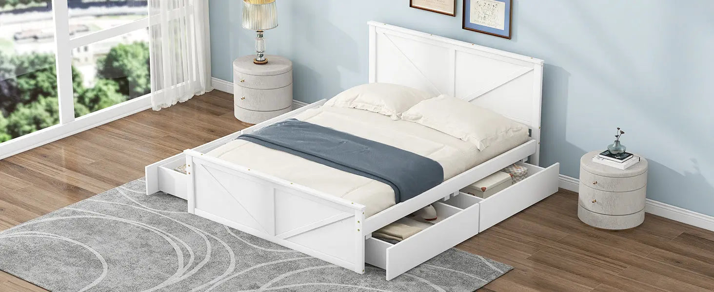 Queen Size Wooden Platform Bed with Four Storage Drawers and Support Legs - VINE GLOBAL