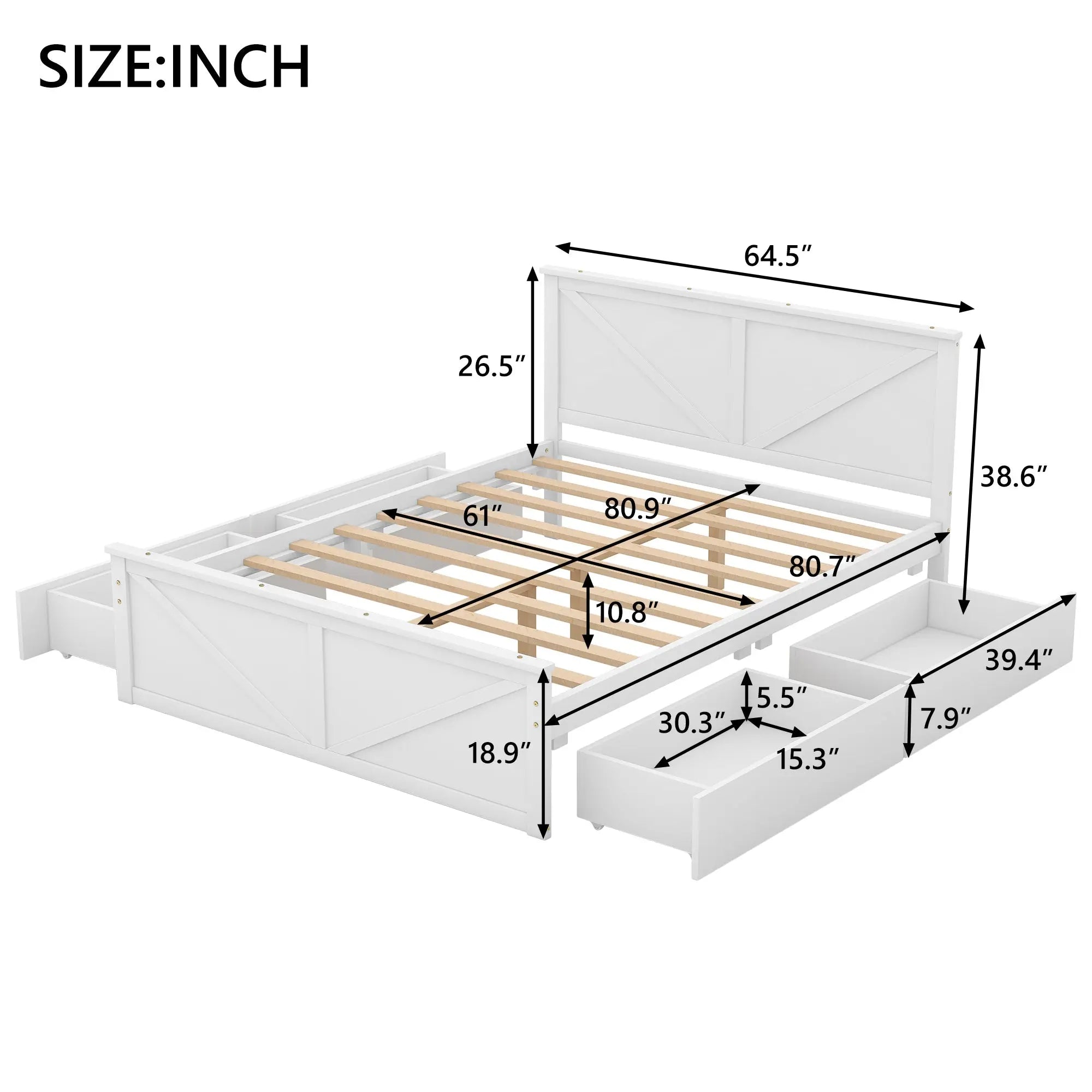 Queen Size Wooden Platform Bed with Four Storage Drawers and Support Legs - VINE GLOBAL