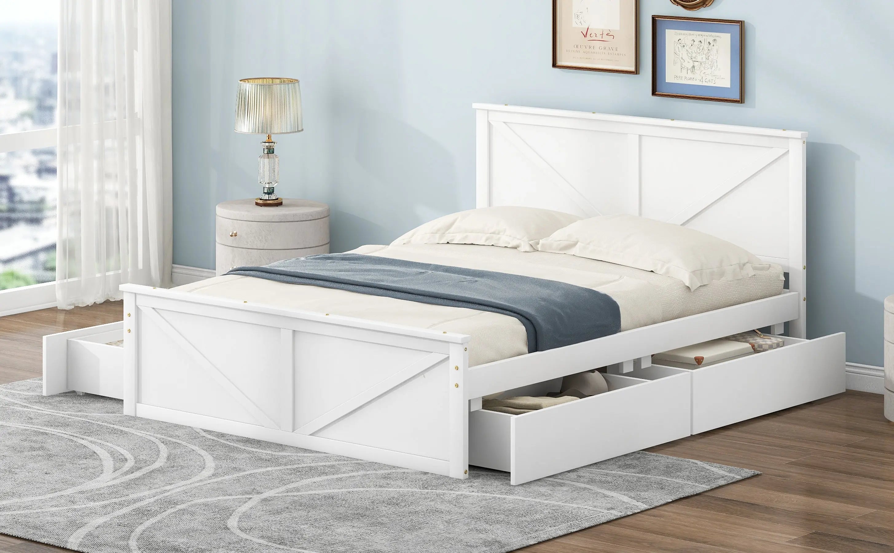 Queen Size Wooden Platform Bed with Four Storage Drawers and Support Legs - VINE GLOBAL