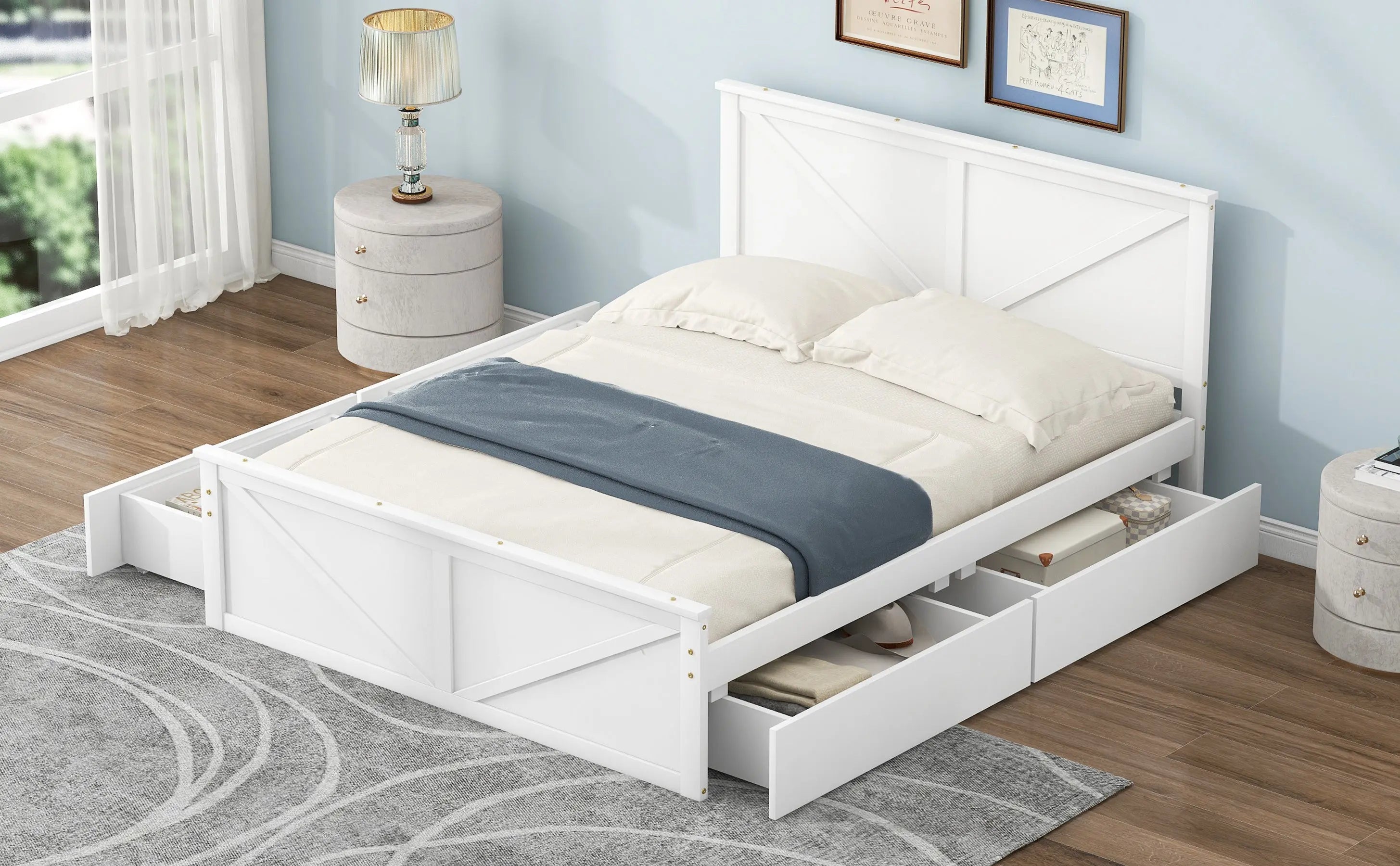 Queen Size Wooden Platform Bed with Four Storage Drawers and Support Legs - VINE GLOBAL