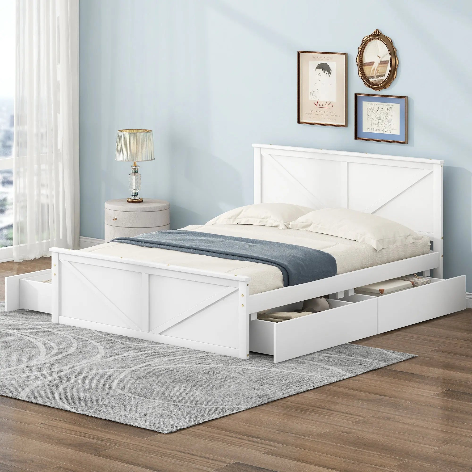 Queen Size Wooden Platform Bed with Four Storage Drawers and Support Legs - VINE GLOBAL