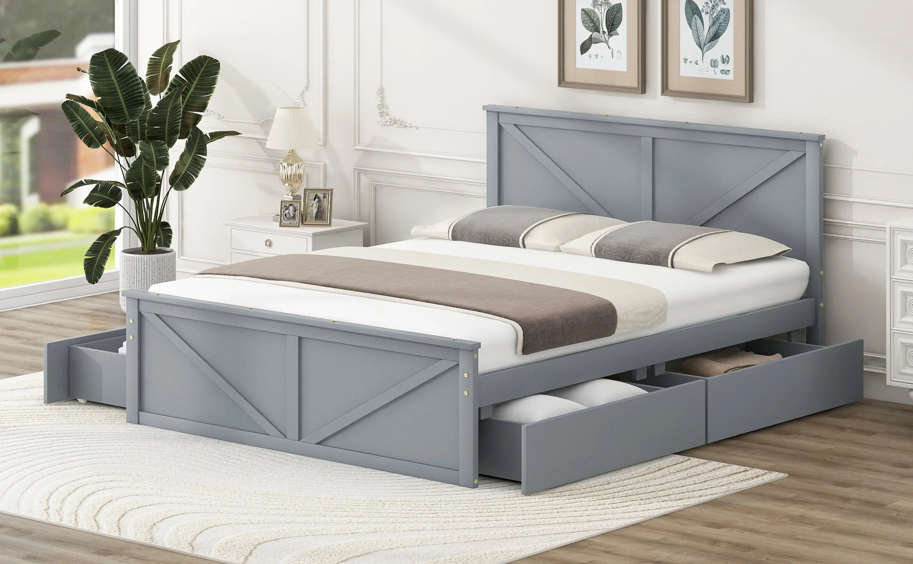 Queen Size Wooden Platform Bed with Four Storage Drawers and Support Legs - VINE GLOBAL