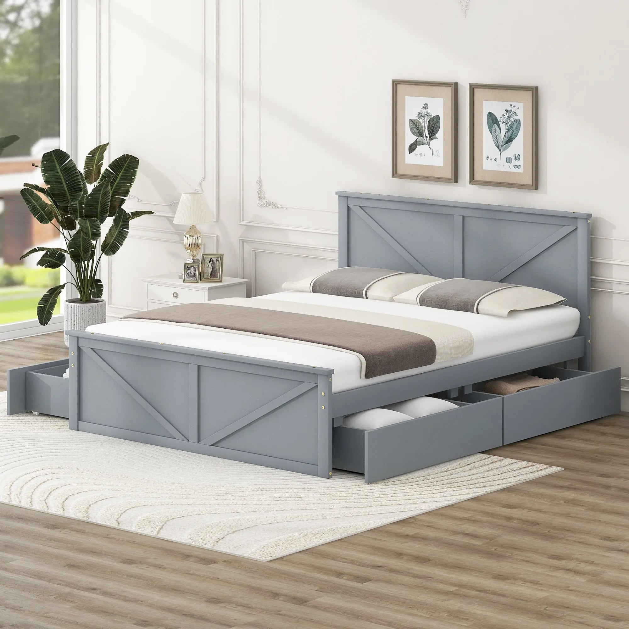 Queen Size Wooden Platform Bed with Four Storage Drawers and Support Legs - VINE GLOBAL