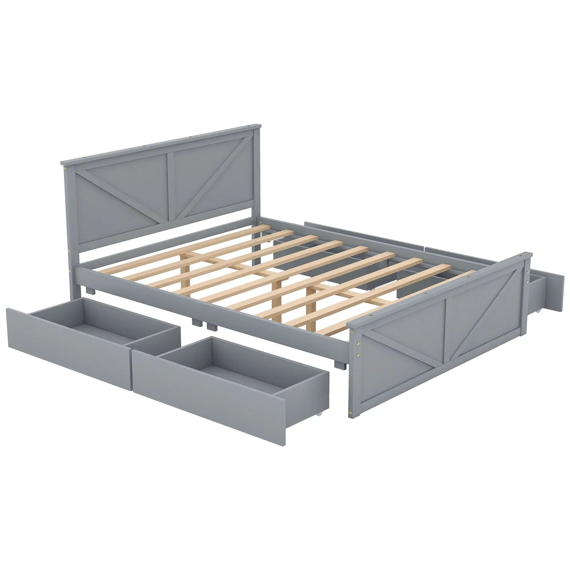 Queen Size Wooden Platform Bed with Four Storage Drawers and Support Legs - VINE GLOBAL