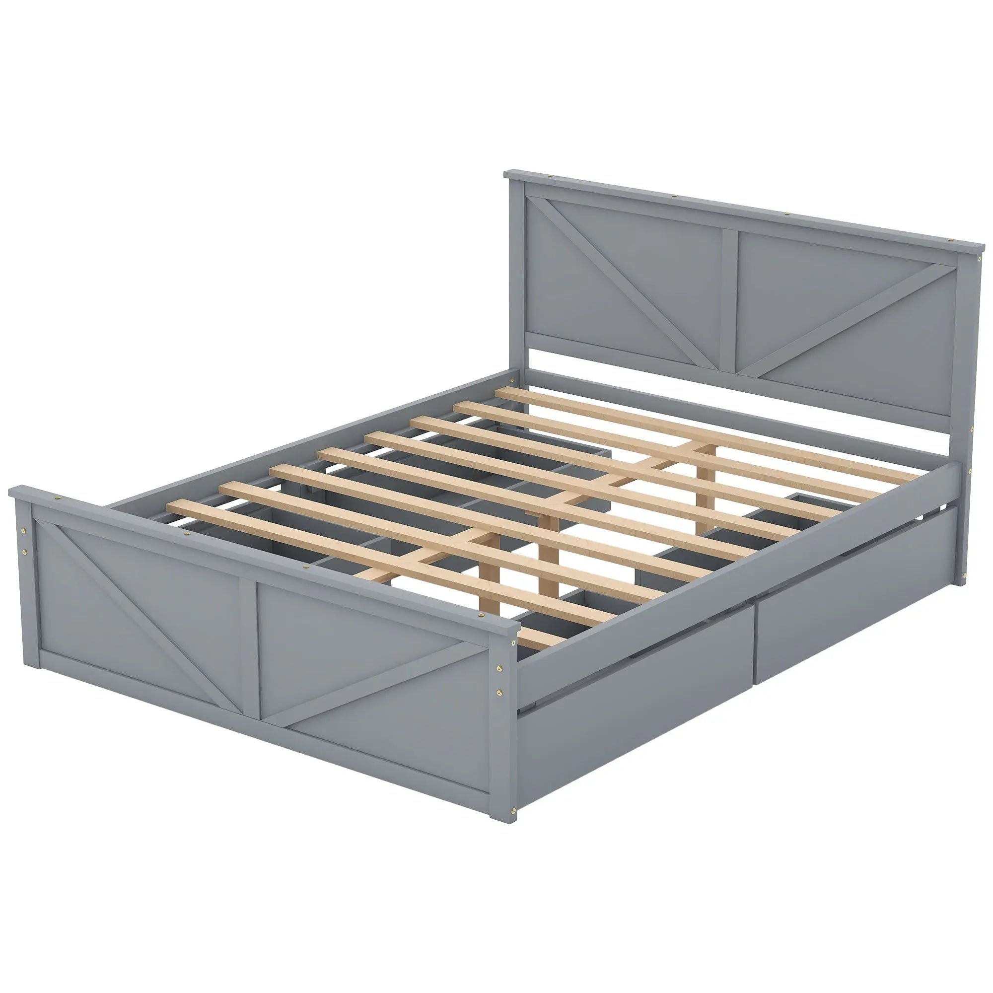 Queen Size Wooden Platform Bed with Four Storage Drawers and Support Legs - VINE GLOBAL