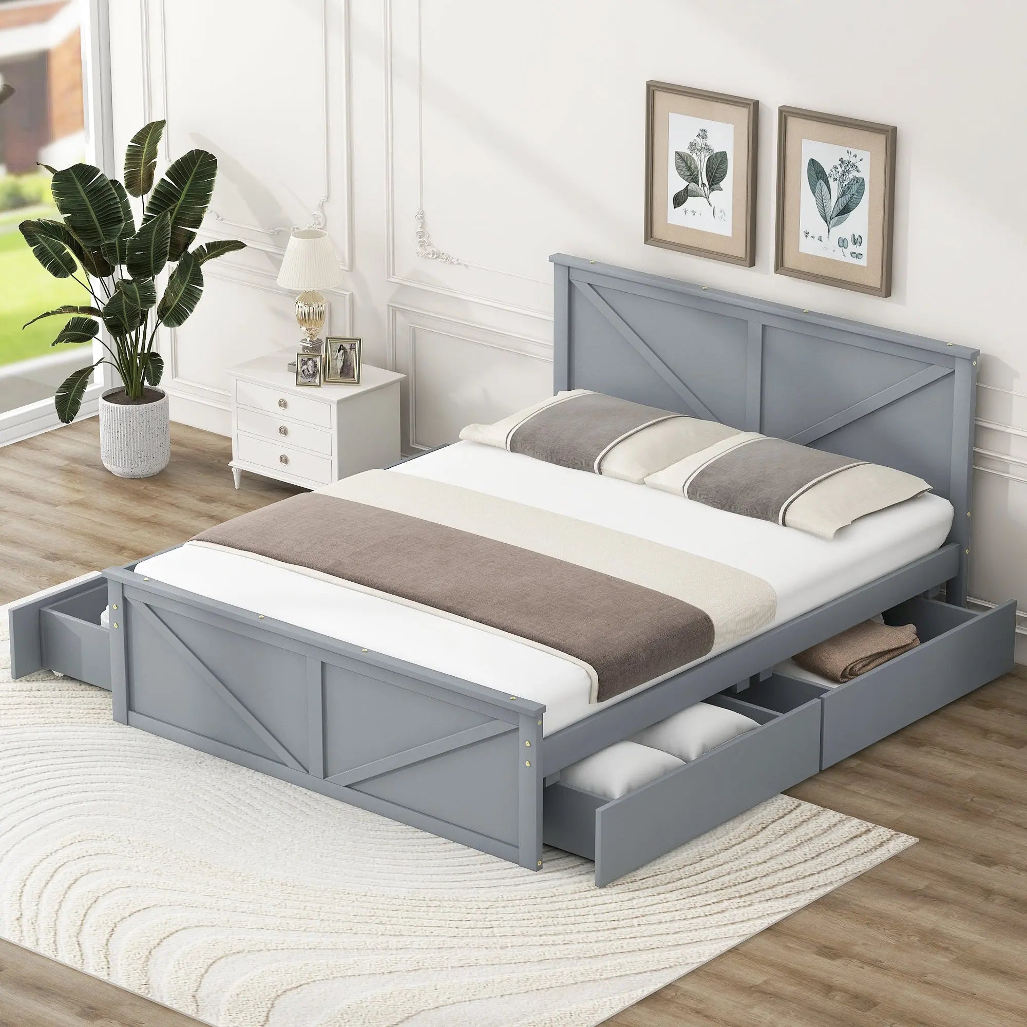 Queen Size Wooden Platform Bed with Four Storage Drawers and Support Legs - VINE GLOBAL
