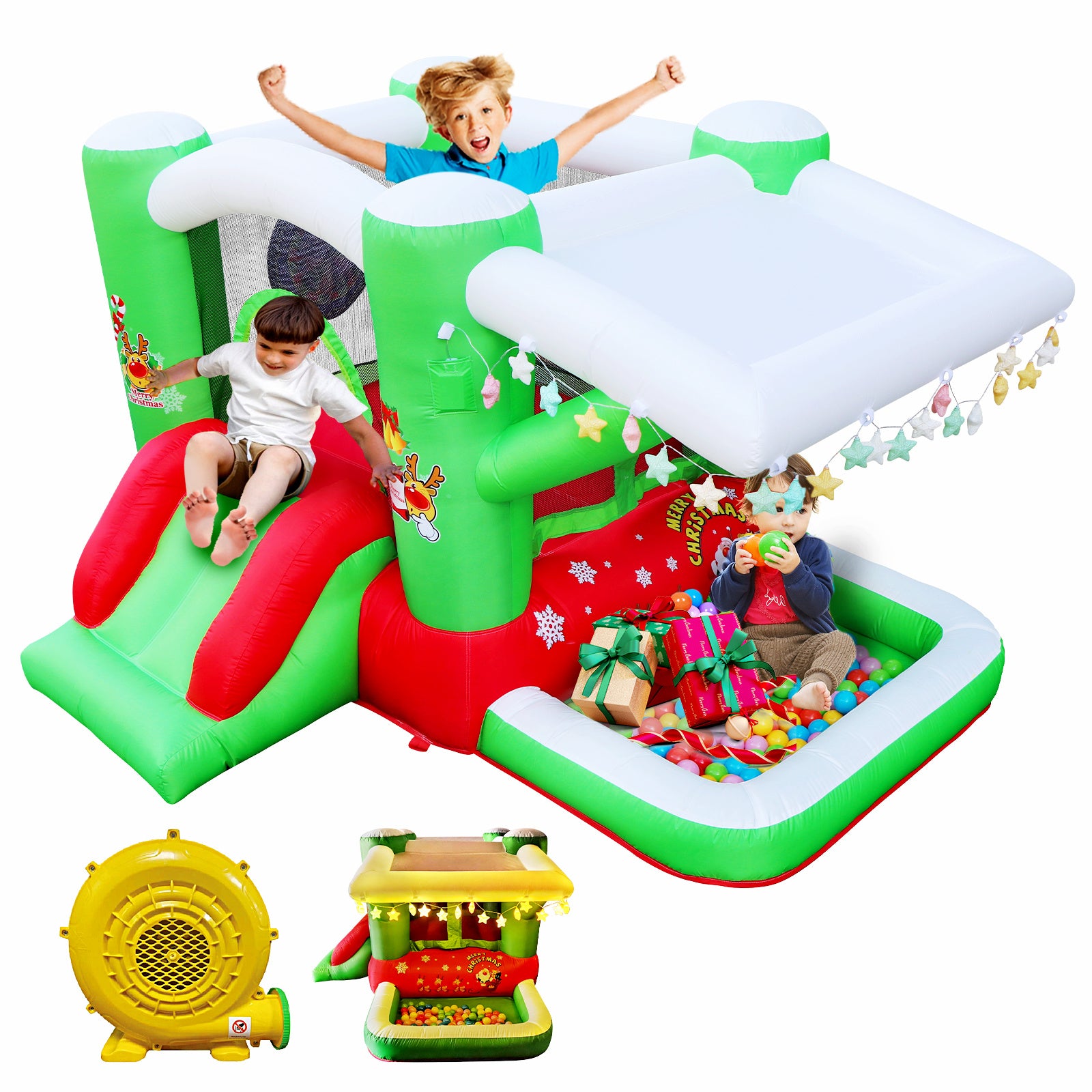 Christmas Jump 'n Slide Inflatable Bouncer for Kids Complete Setup with Blower - 80" x 91" Play Area - 55" Tall - VINE GLOBAL