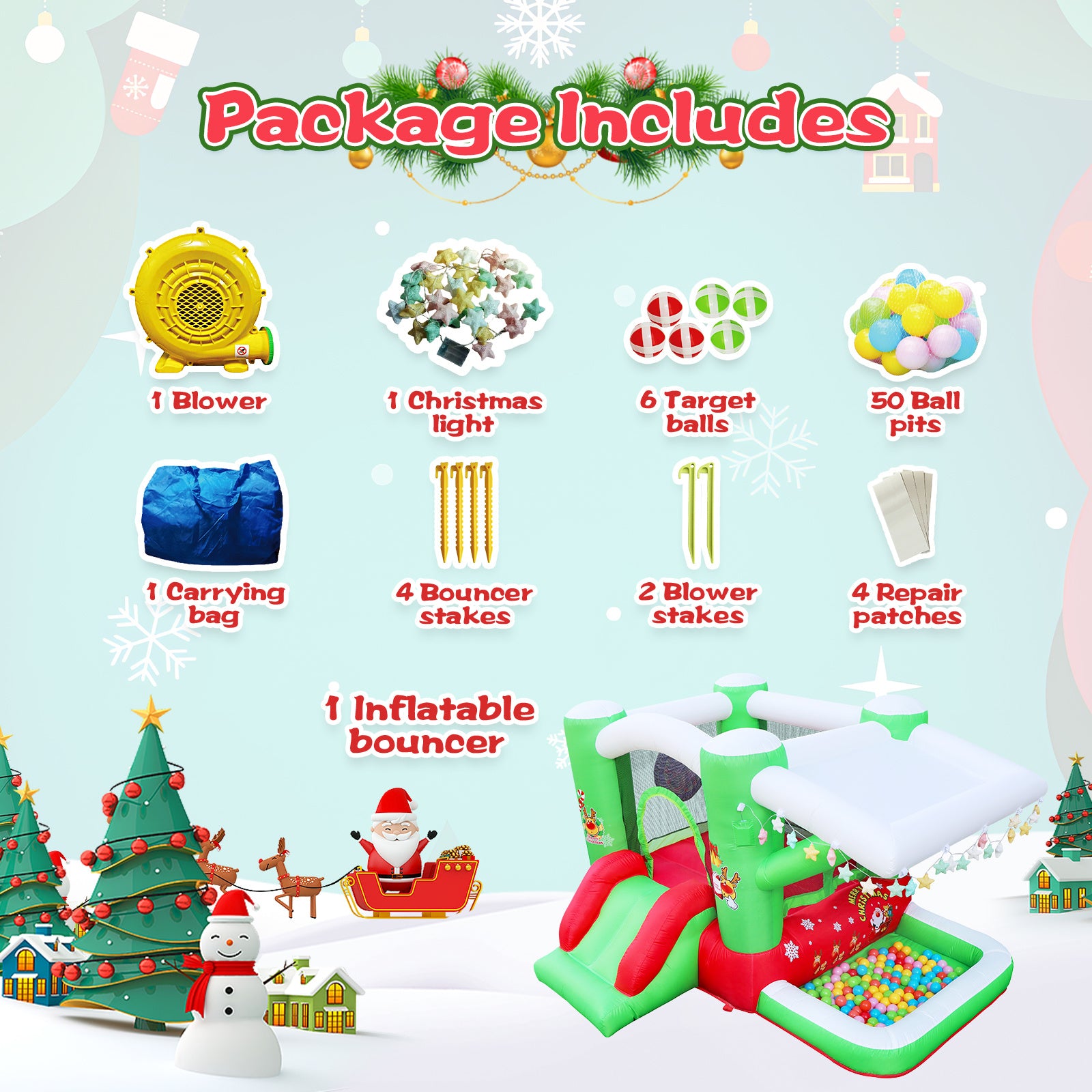 Christmas Jump 'n Slide Inflatable Bouncer for Kids Complete Setup with Blower - 80" x 91" Play Area - 55" Tall - VINE GLOBAL