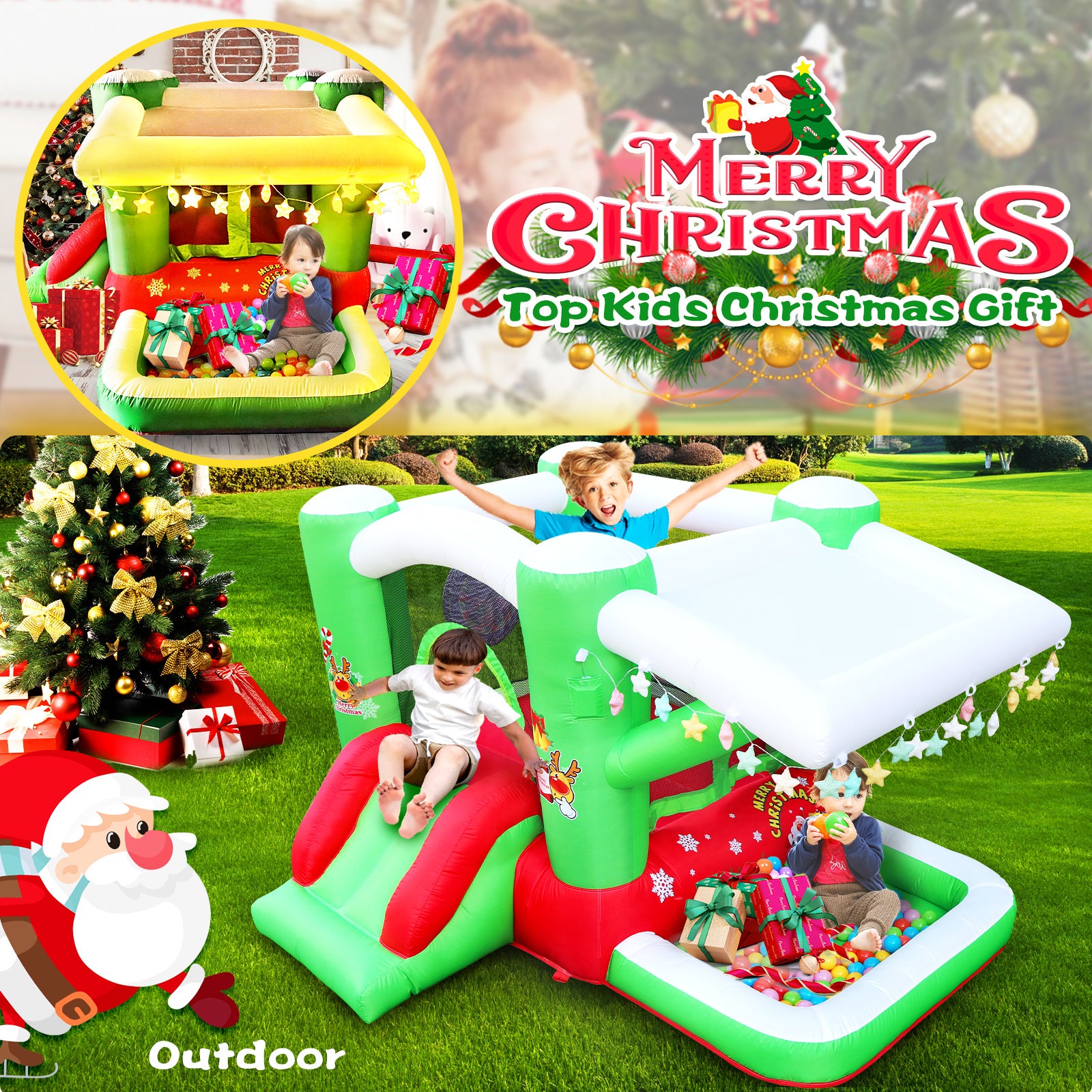 Christmas Jump 'n Slide Inflatable Bouncer for Kids Complete Setup with Blower - 80" x 91" Play Area - 55" Tall - VINE GLOBAL