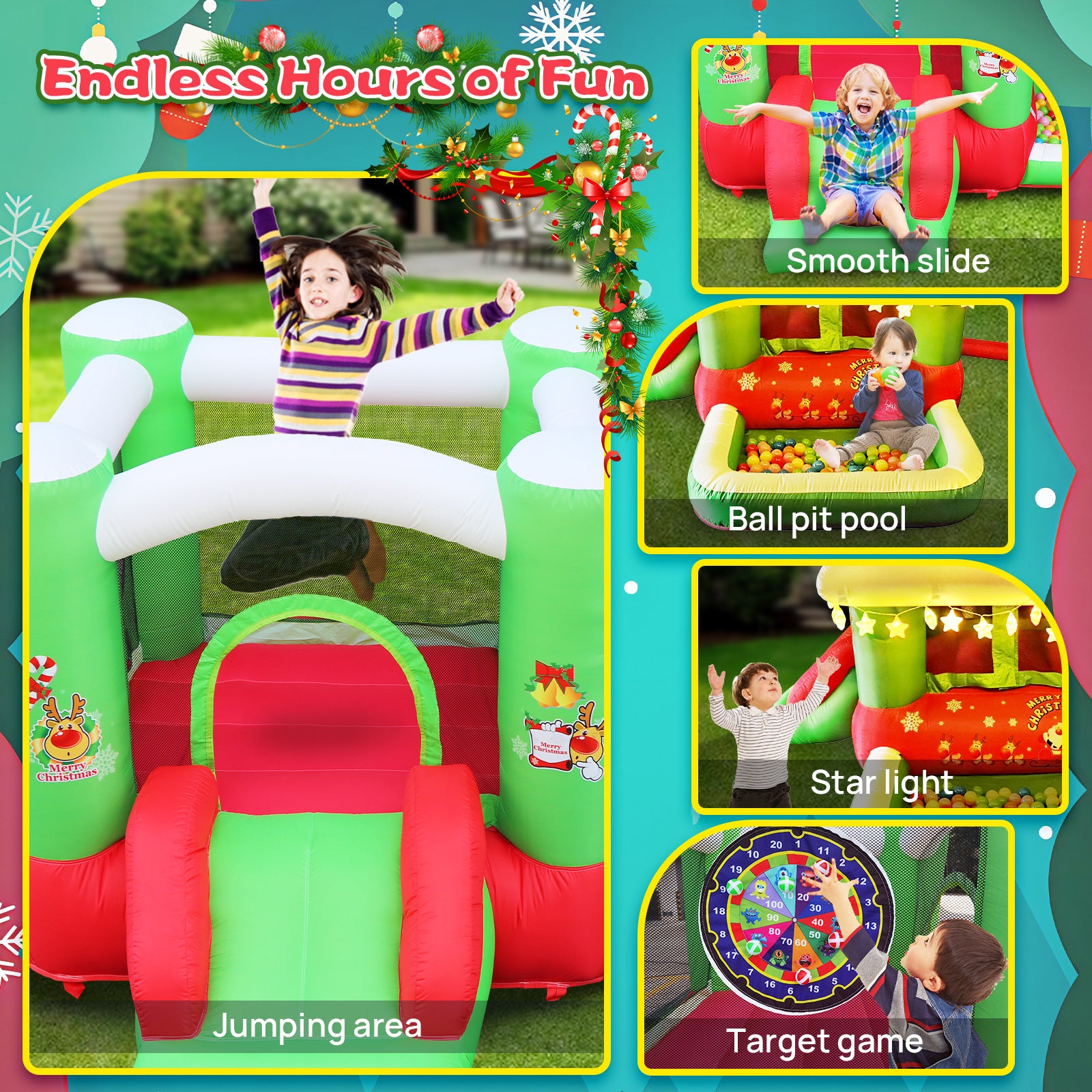 Christmas Jump 'n Slide Inflatable Bouncer for Kids Complete Setup with Blower - 80" x 91" Play Area - 55" Tall - VINE GLOBAL
