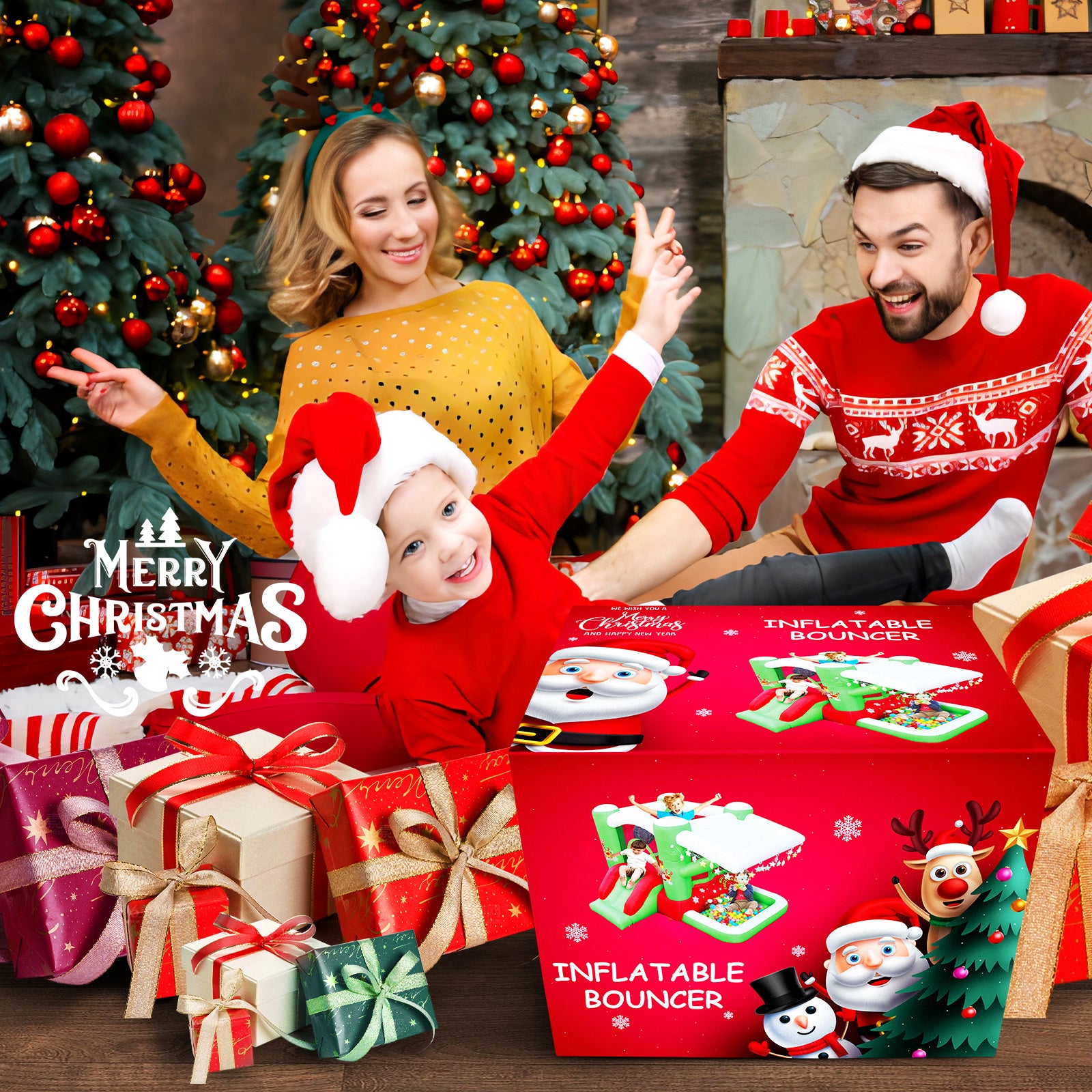 Christmas Jump 'n Slide Inflatable Bouncer for Kids Complete Setup with Blower - 80" x 91" Play Area - 55" Tall - VINE GLOBAL