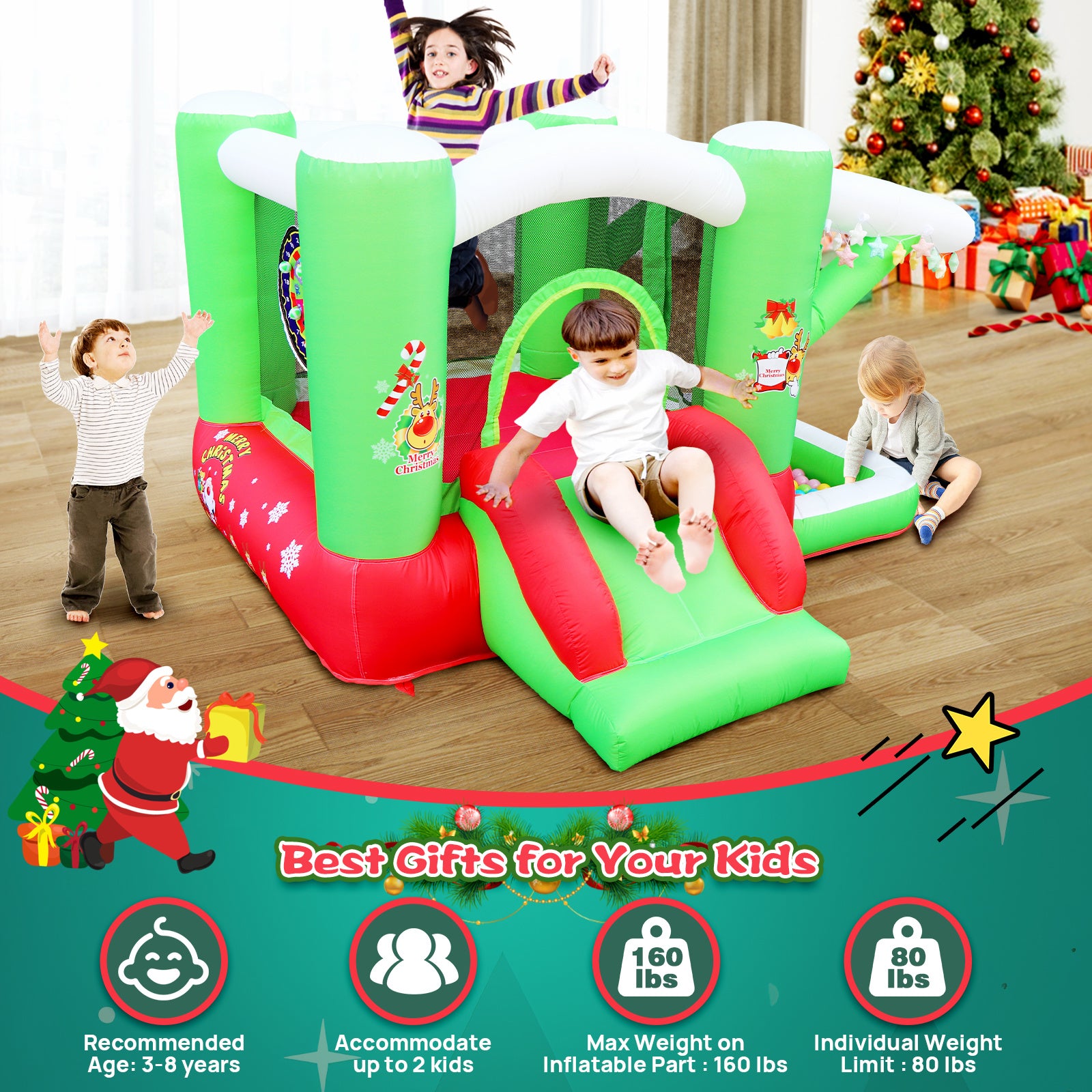 Christmas Jump 'n Slide Inflatable Bouncer for Kids Complete Setup with Blower - 80" x 91" Play Area - 55" Tall - VINE GLOBAL