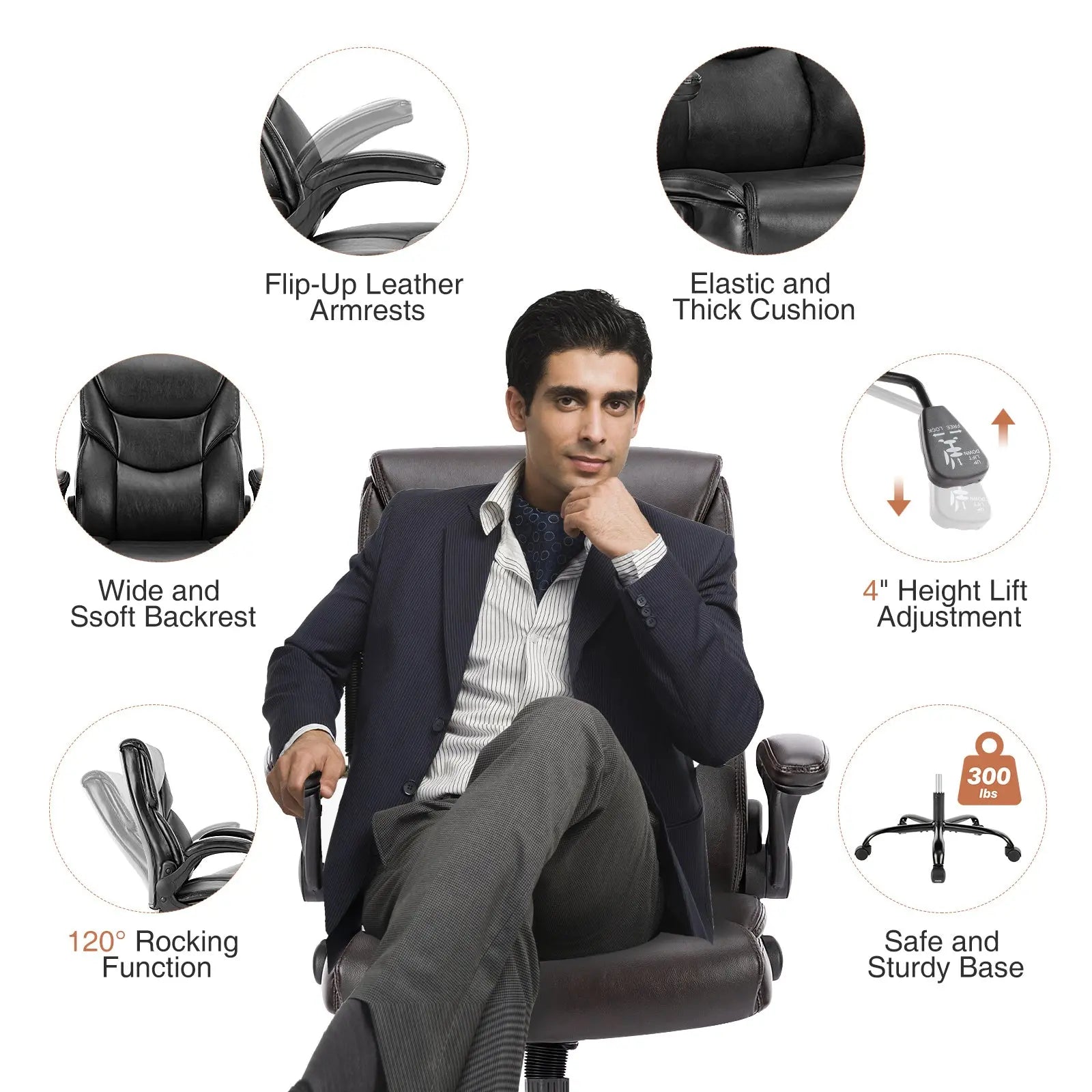 Sweetcrispy Executive Office PU Leather Desk Chair High Back Flip-Up Armrest Adjustable Ergonomic Home Office Chair - VINE GLOBAL