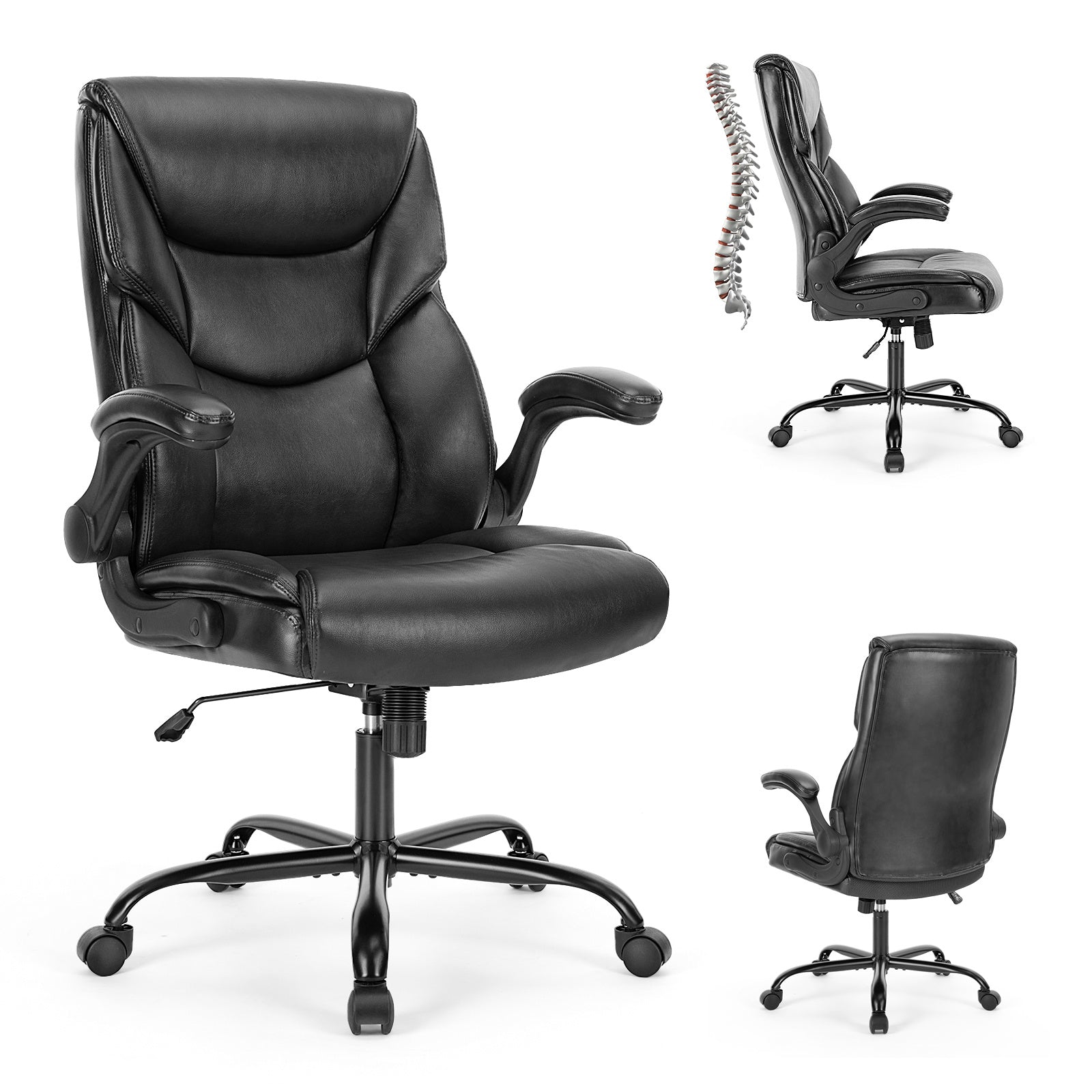 Sweetcrispy Executive Office PU Leather Desk Chair High Back Flip-Up Armrest Adjustable Ergonomic Home Office Chair - VINE GLOBAL