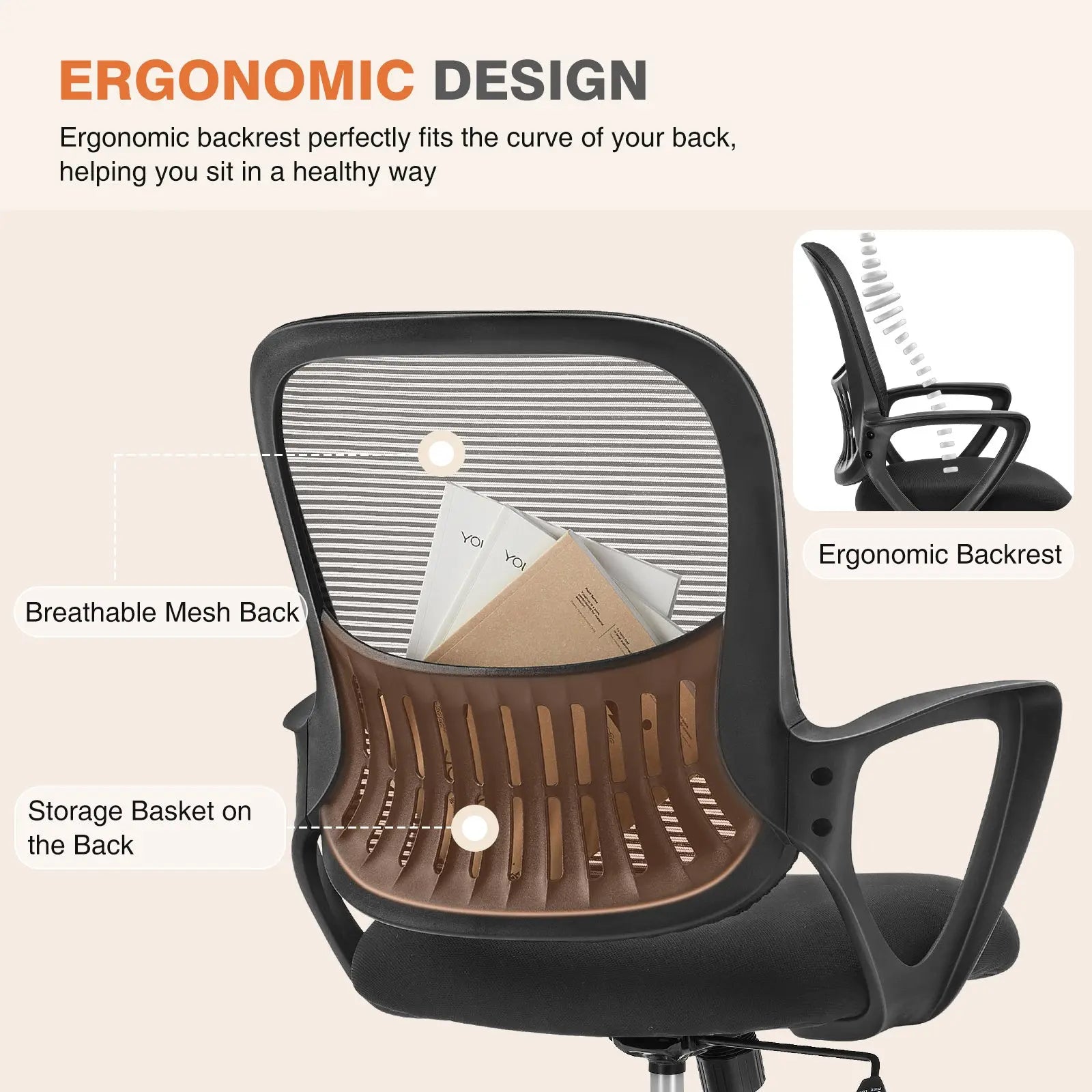 Sweetcrispy Ergonomic Office Chair Home Desk Mesh Chair with Fixed Armrest Executive Computer Chair with Soft Foam Seat Cushion - VINE GLOBAL