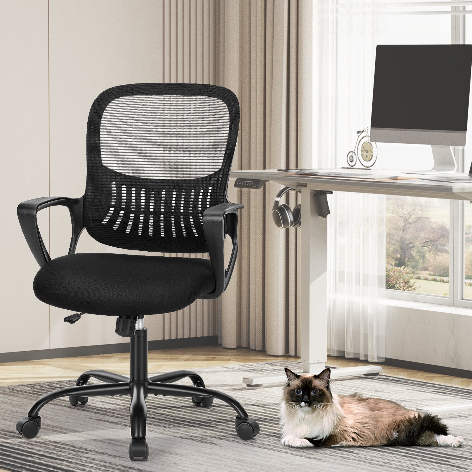 Sweetcrispy Ergonomic Office Chair Home Desk Mesh Chair with Fixed Armrest Executive Computer Chair with Soft Foam Seat Cushion - VINE GLOBAL