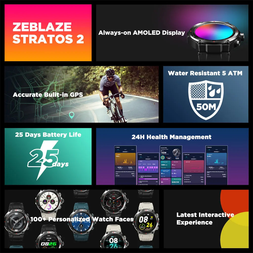 Zeblaze Stratos 2 GPS Smart Watch AMOLED Display 24h Health Monitor 5 ATM Long Battery Life Smartwatch for Men - VINE GLOBAL