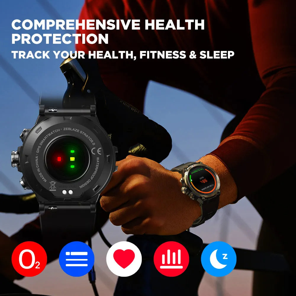 Zeblaze Stratos 2 GPS Smart Watch AMOLED Display 24h Health Monitor 5 ATM Long Battery Life Smartwatch for Men - VINE GLOBAL