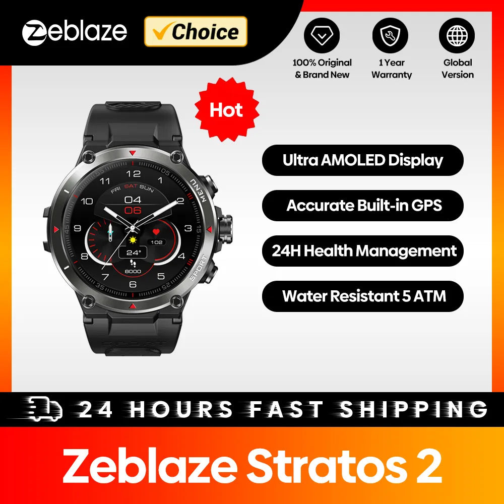 Zeblaze Stratos 2 GPS Smart Watch AMOLED Display 24h Health Monitor 5 ATM Long Battery Life Smartwatch for Men - VINE GLOBAL