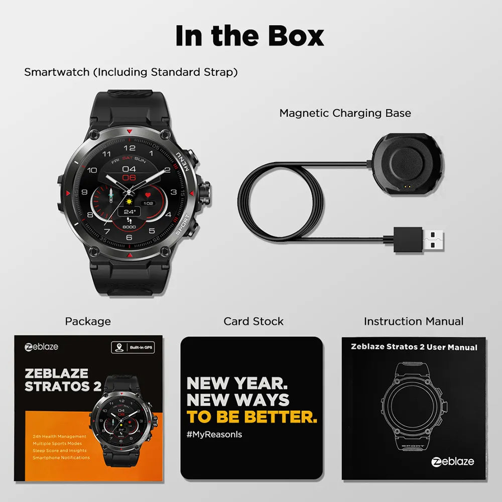 Zeblaze Stratos 2 GPS Smart Watch AMOLED Display 24h Health Monitor 5 ATM Long Battery Life Smartwatch for Men - VINE GLOBAL