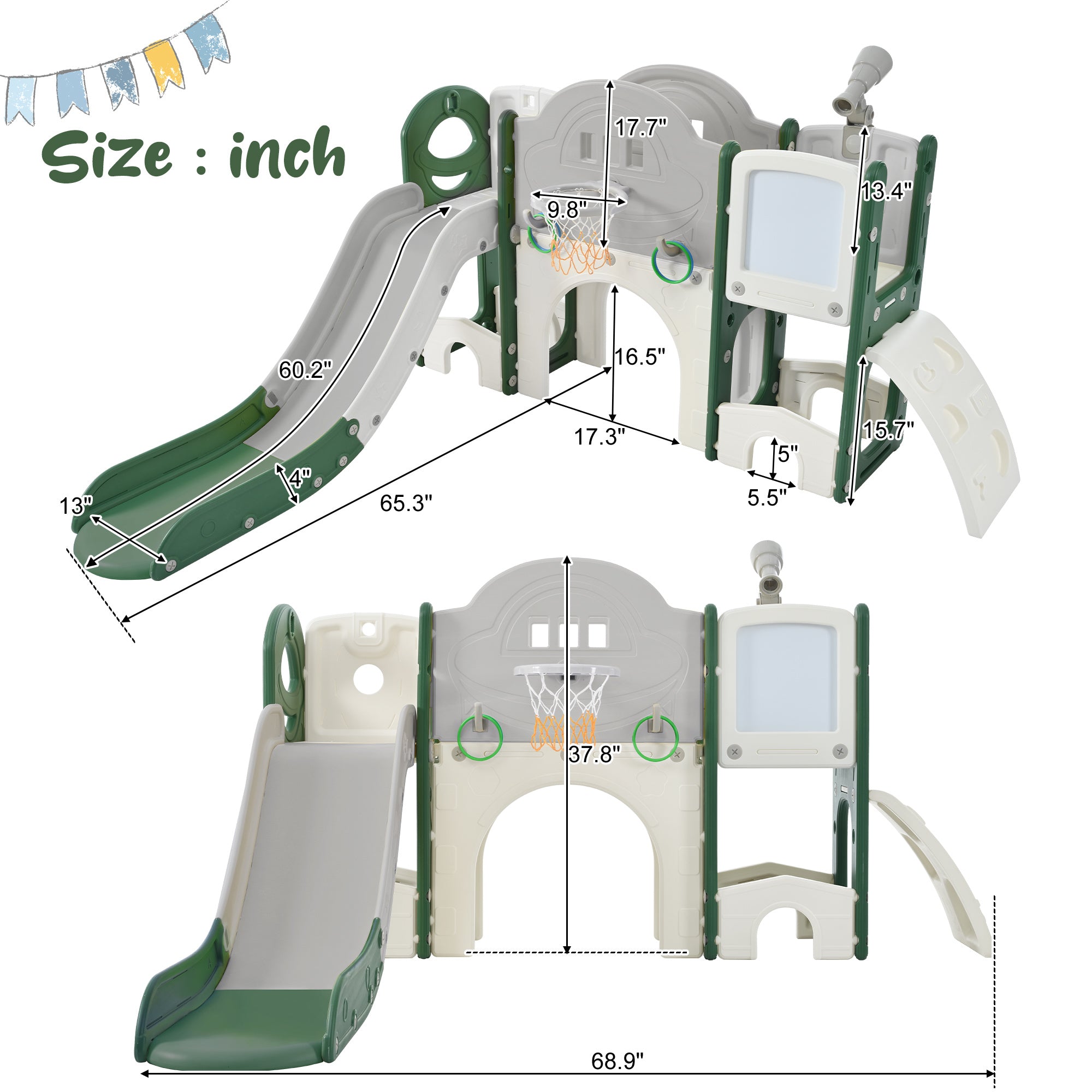 Kids Slide Playset Structure 9 in 1, Freestanding Spaceship Set with Slide, Arch Tunnel, Ring Toss, Drawing Whiteboardl and Basketball Hoop for Toddlers, Kids Climbers Playground - VINE GLOBAL