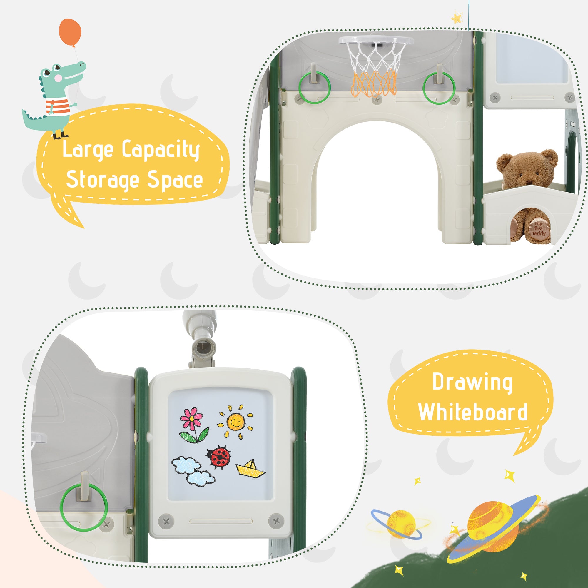 Kids Slide Playset Structure 9 in 1, Freestanding Spaceship Set with Slide, Arch Tunnel, Ring Toss, Drawing Whiteboardl and Basketball Hoop for Toddlers, Kids Climbers Playground - VINE GLOBAL