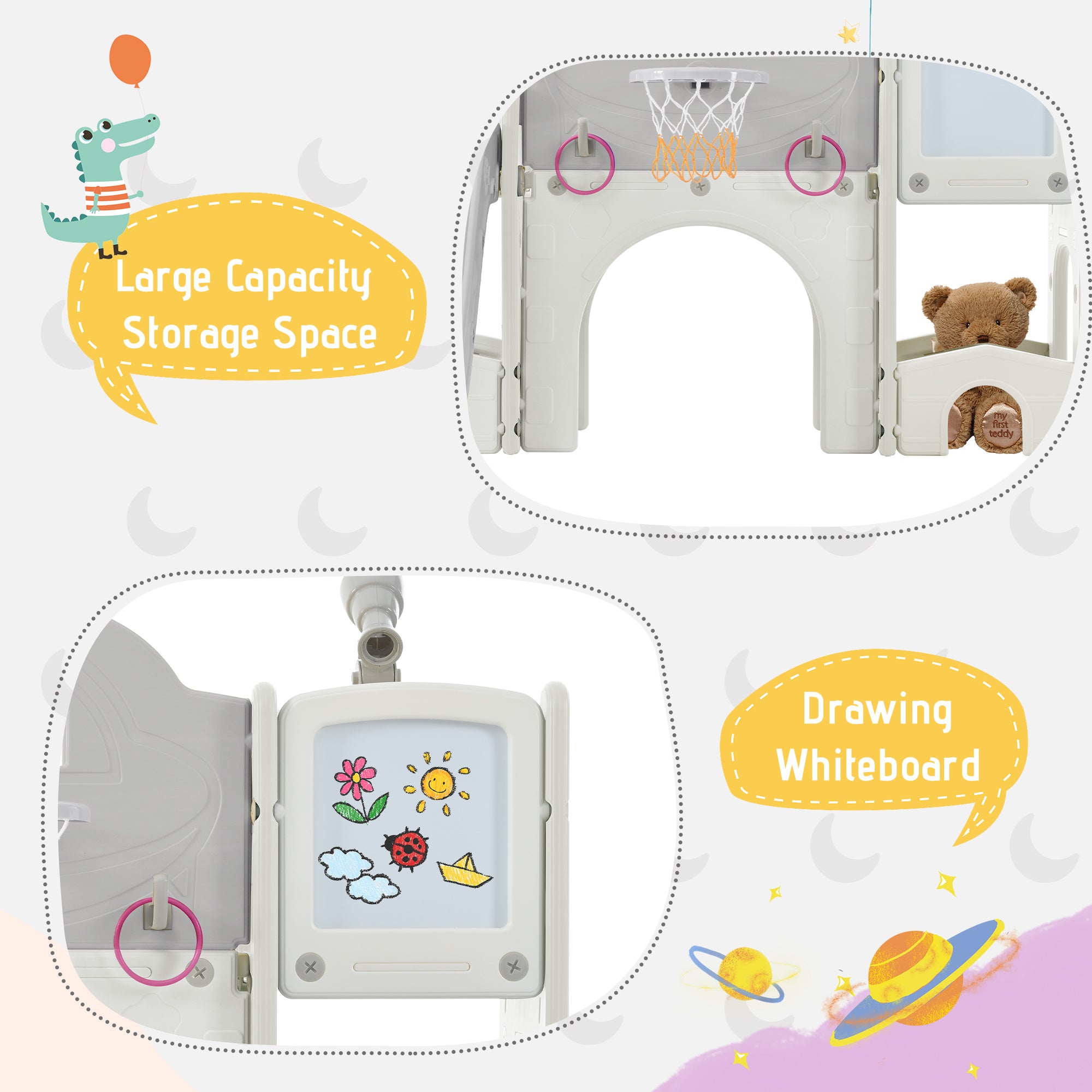 Kids Slide Playset Structure 9 in 1, Freestanding Spaceship Set with Slide, Arch Tunnel, Ring Toss, Drawing Whiteboardl and Basketball Hoop for Toddlers, Kids Climbers Playground - VINE GLOBAL